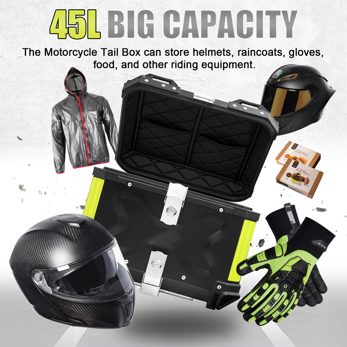 Universal Motorcycle Adventure Aluminum Top Box Black 45L Case Tail Box Luggage Fit Removeable Weather Control