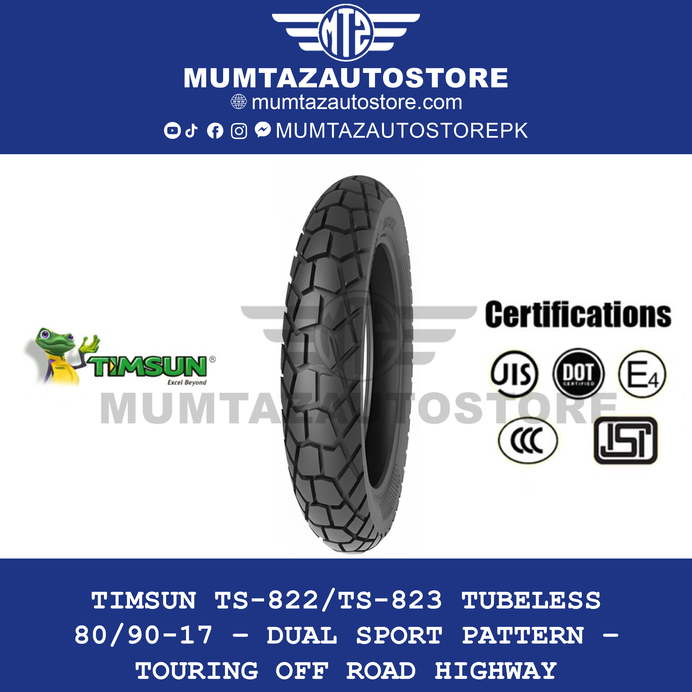 Timsun TS-823 Tubeless 80/90-17 – Dual Sport Pattern – Touring Off Road Highway