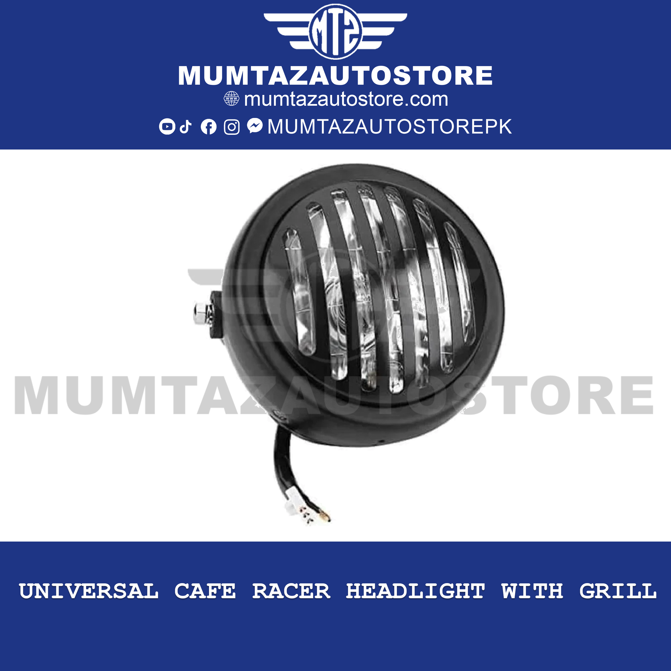 Universal Cafe Racer Headlight with Grill – Metal Body  HiLow Beam Function