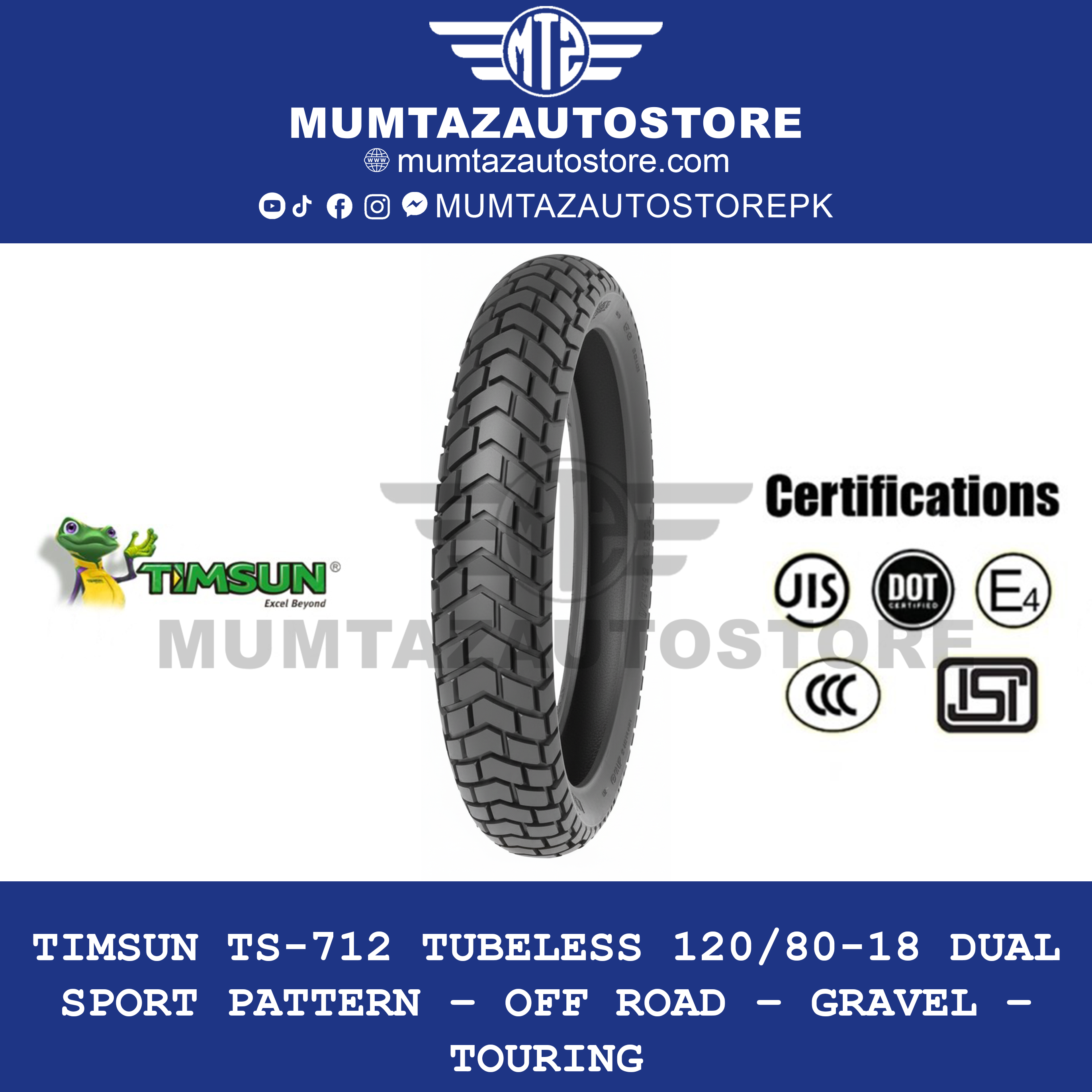 Timsun TS-712 Tubeless 120/80-18 Dual Sport Pattern – Off Road – Gravel – Touring