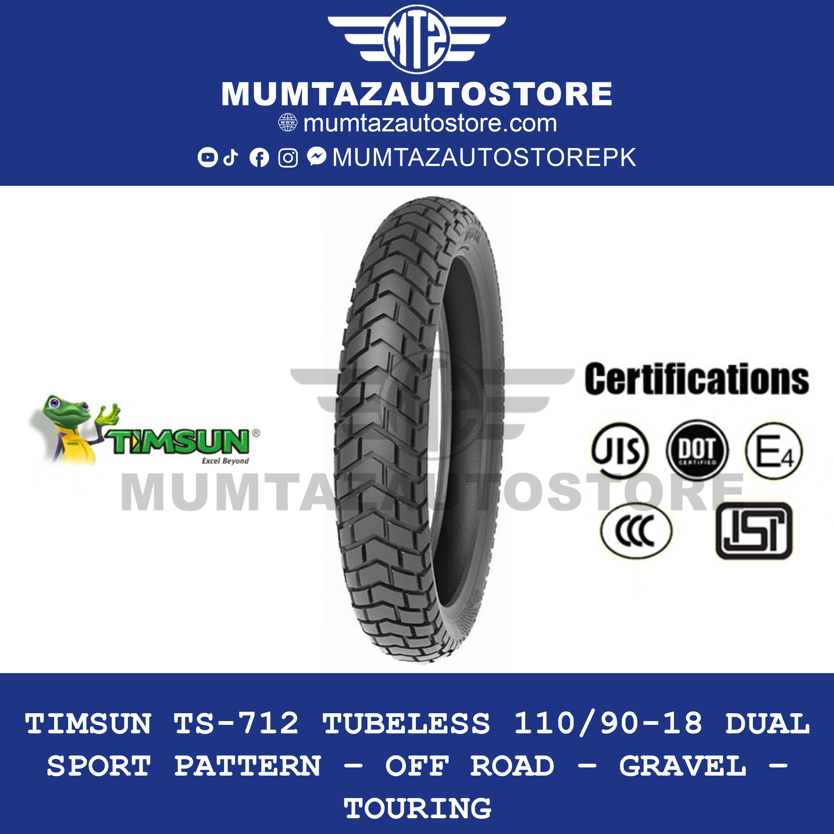 Timsun TS-712 Tubeless 110/90-18 Dual Sport Pattern – Off Road – Gravel – Touring