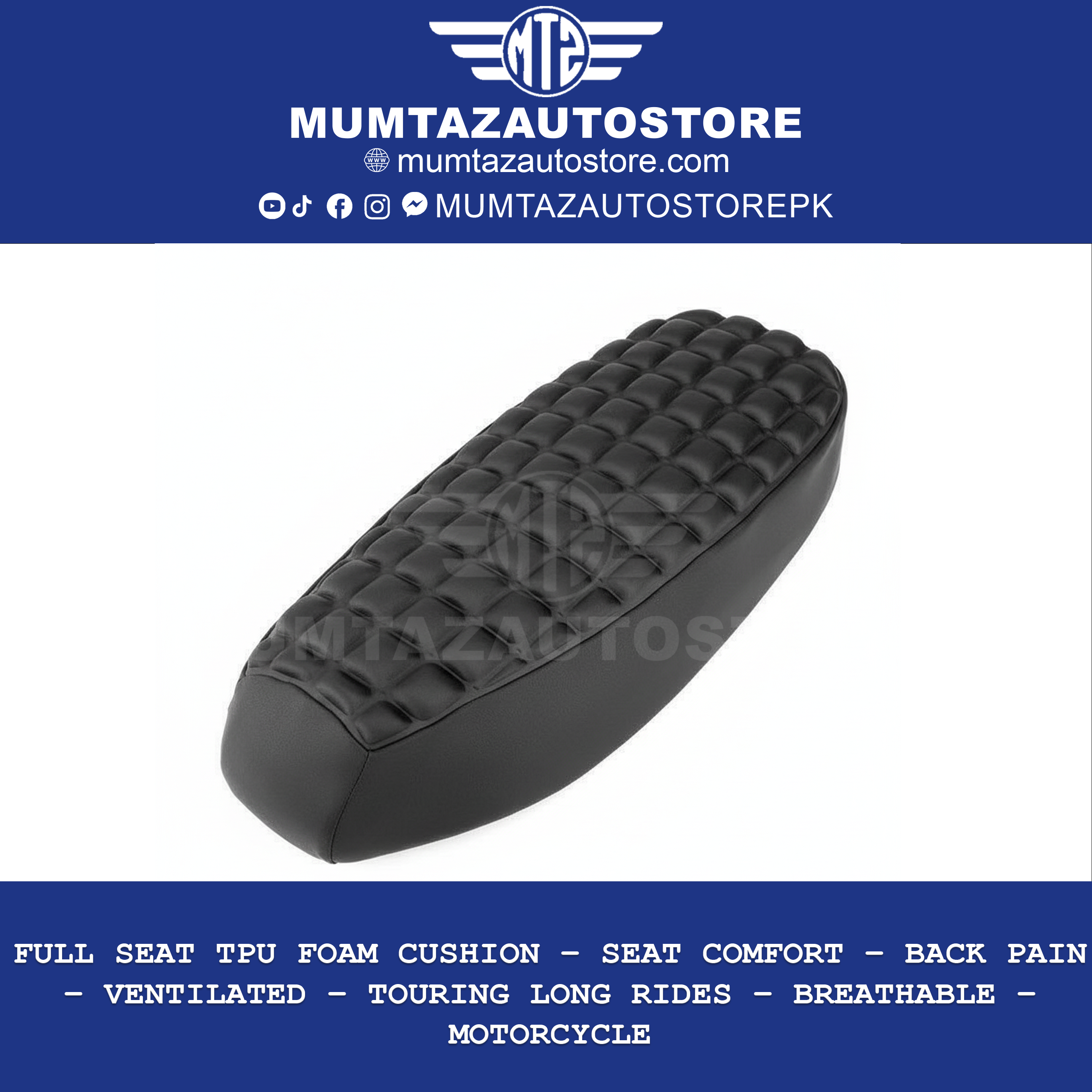 Full Seat TPU Foam Cushion – Seat Comfort – Back Pain – Ventilated – Touring Long Rides – Breathable – Motorcycle