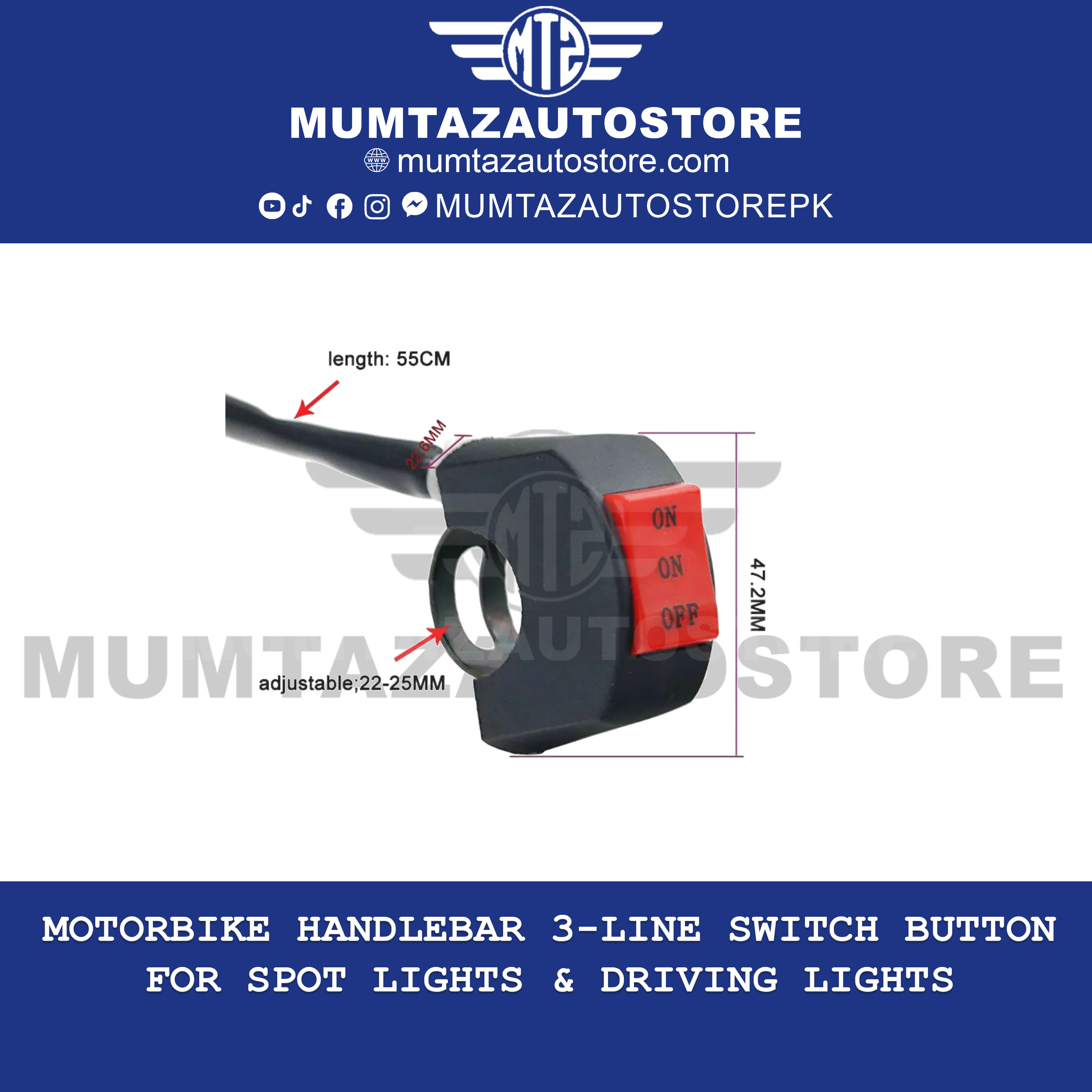 Motorbike Handlebar 3-Line Switch Button for Spot Lights & Driving Lights