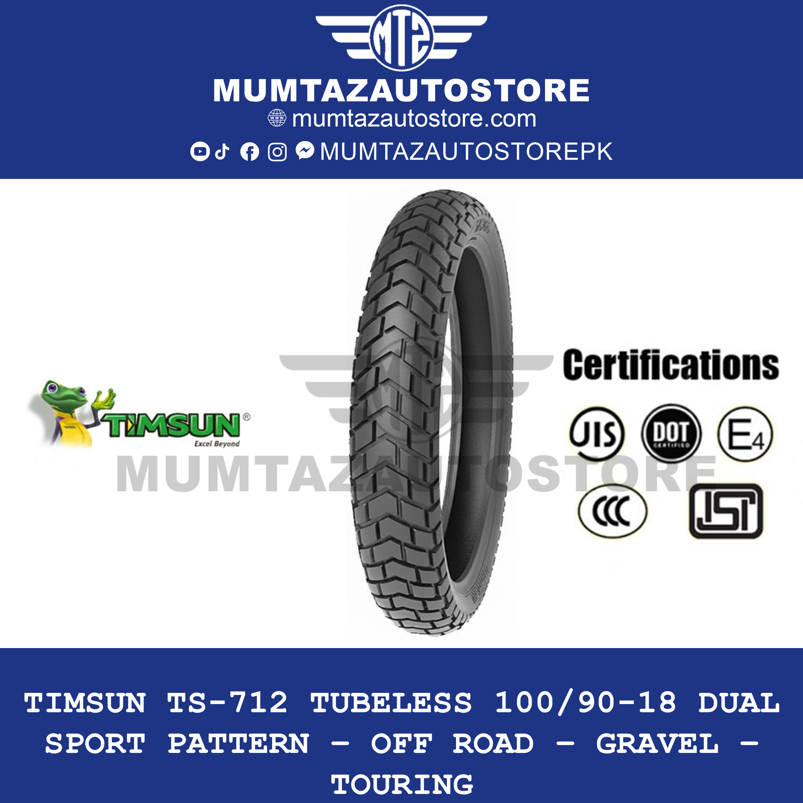 Timsun TS-712 Tubeless 100/90-18 Dual Sport Pattern – Off Road – Gravel – Touring