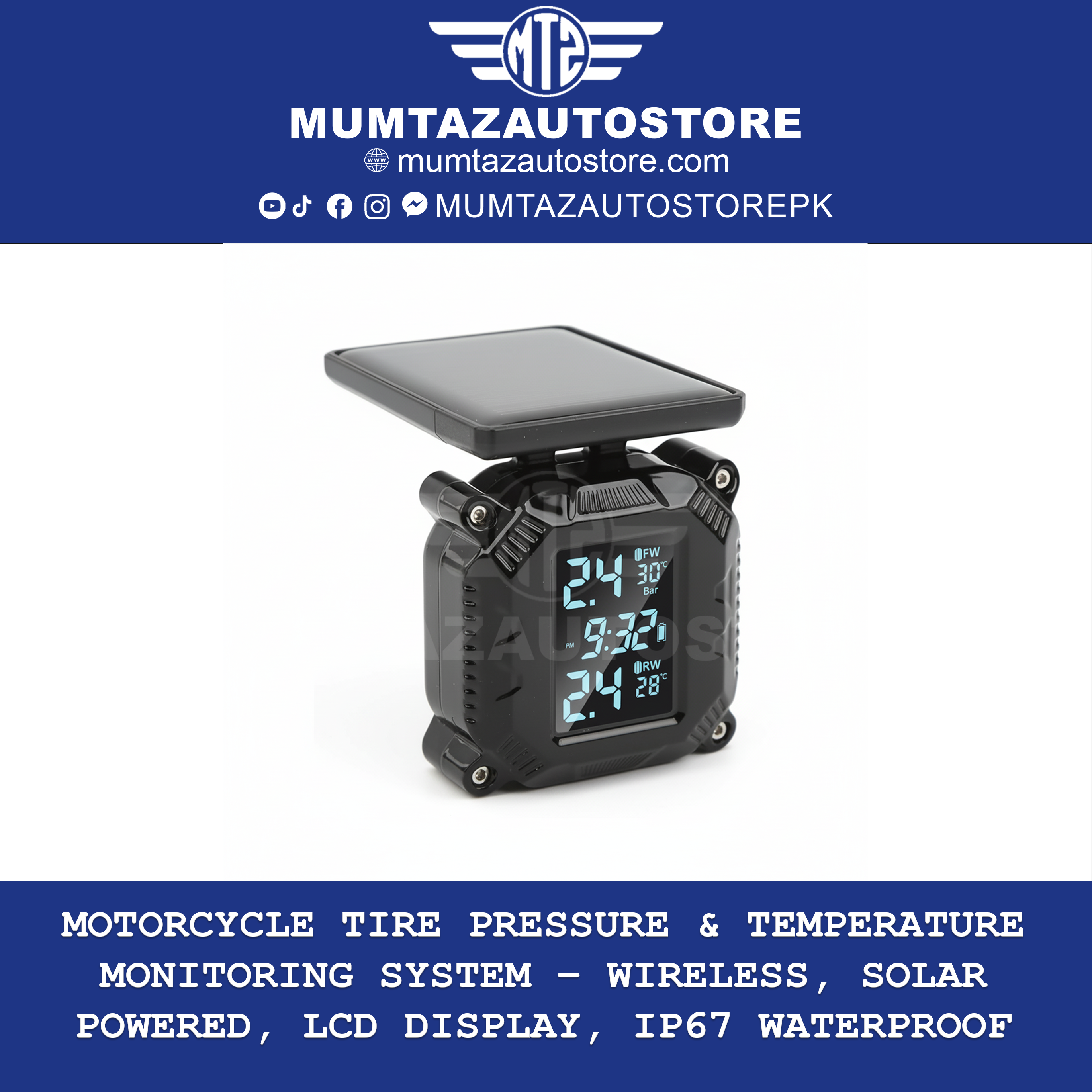 Motorcycle Tire Pressure & Temperature Monitoring System – Wireless, Solar Powered, LCD Display, IP67 Waterproof