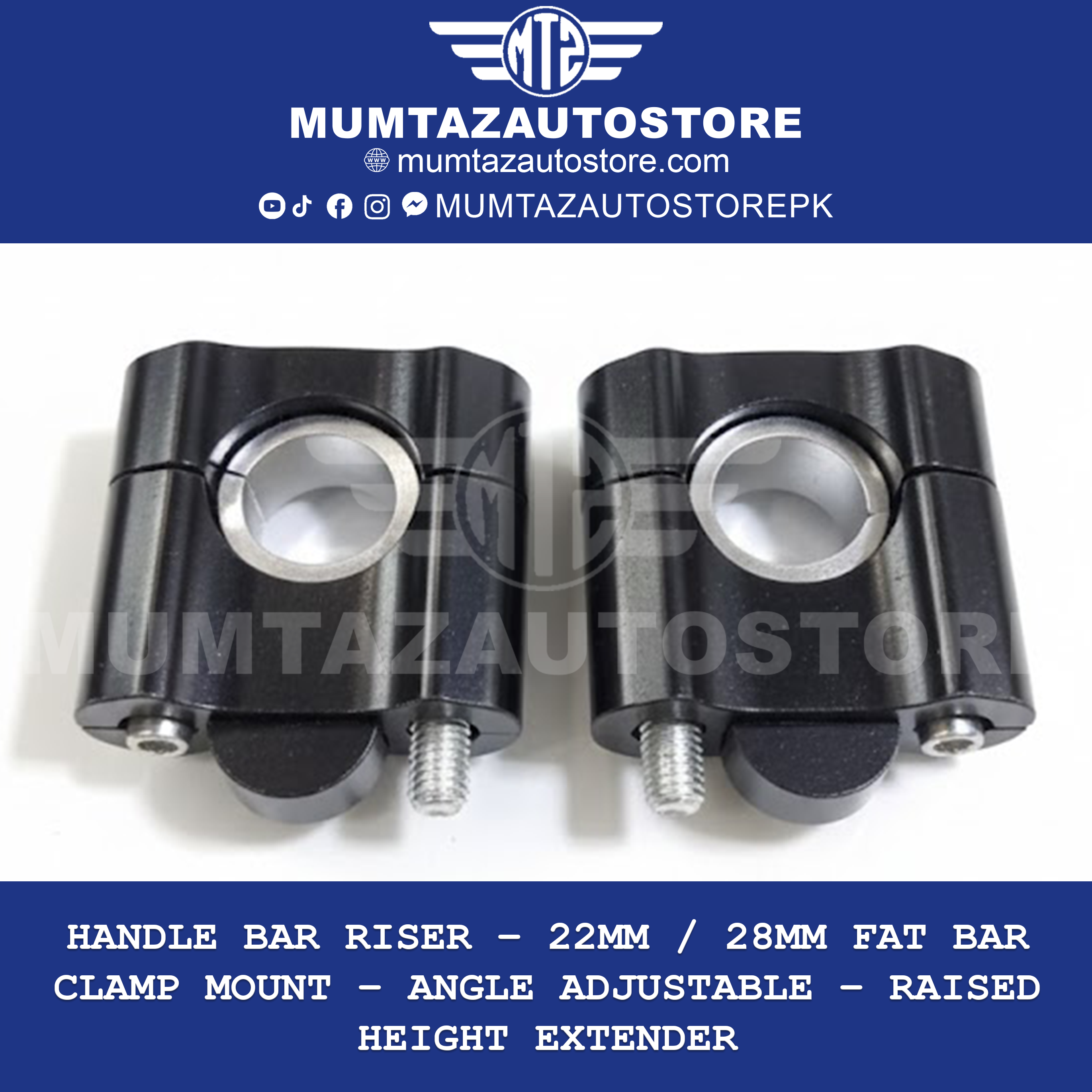 Handle Bar Riser – 22mm / 28mm Fat Bar Clamp Mount – Angle Adjustable – Raised Height Extender