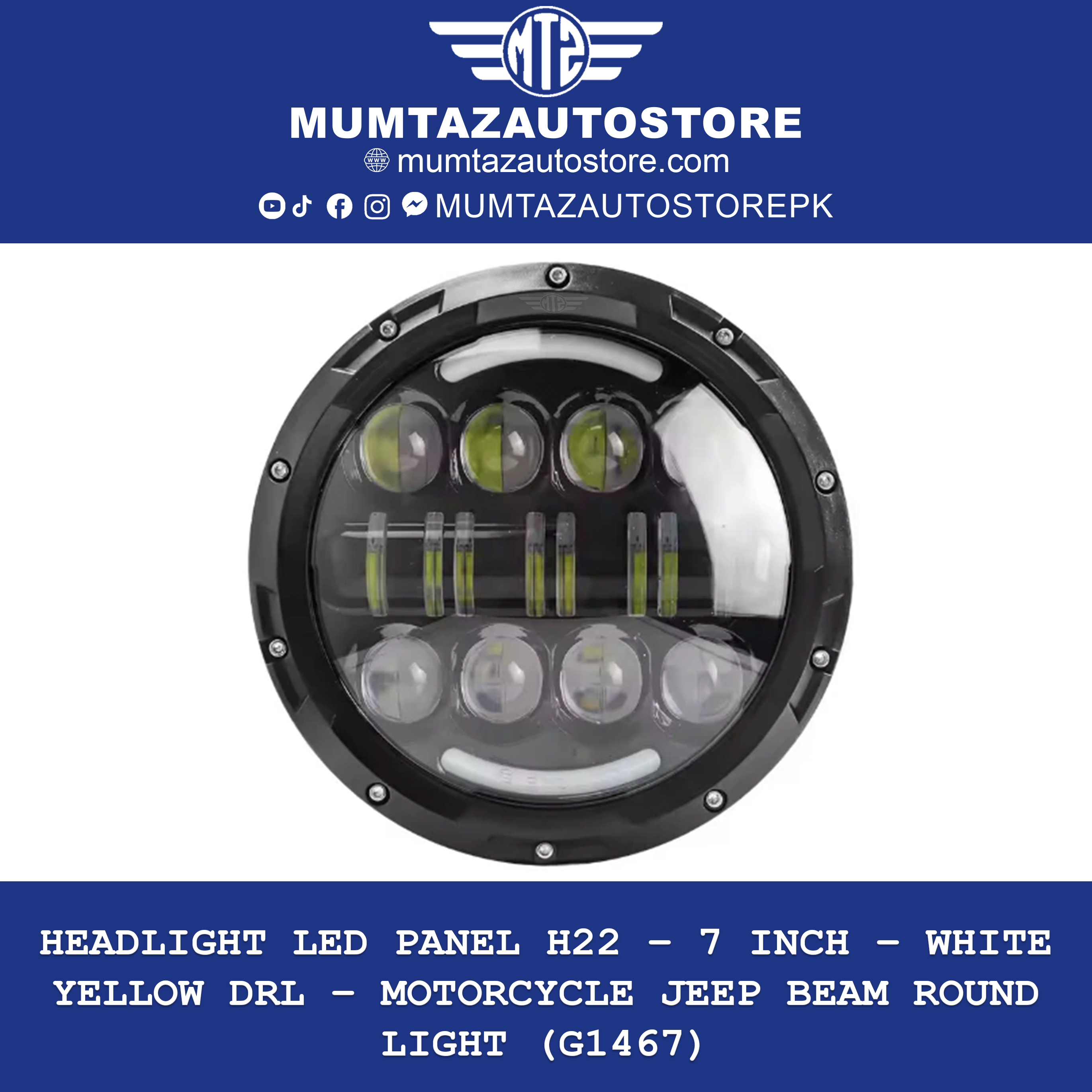Headlight LED Panel H22 – 7 Inch – White Yellow DRL – Motorcycle Jeep Beam Round Light (G1467)