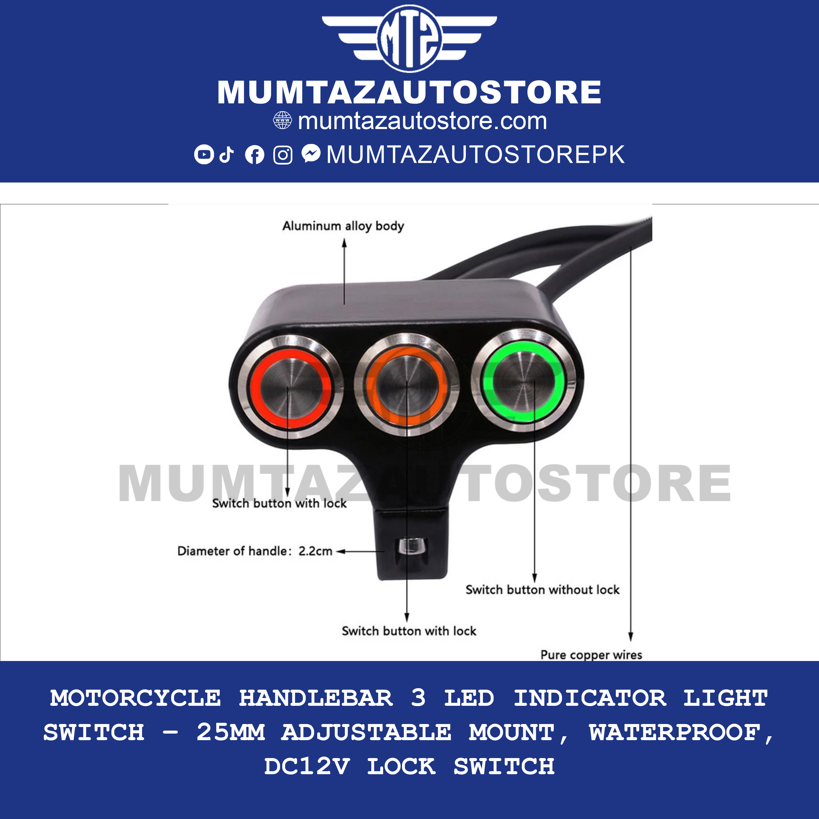 Motorcycle Handlebar 3 LED Indicator Light Switch – 25mm Adjustable Mount, Waterproof, DC12V Lock Switch