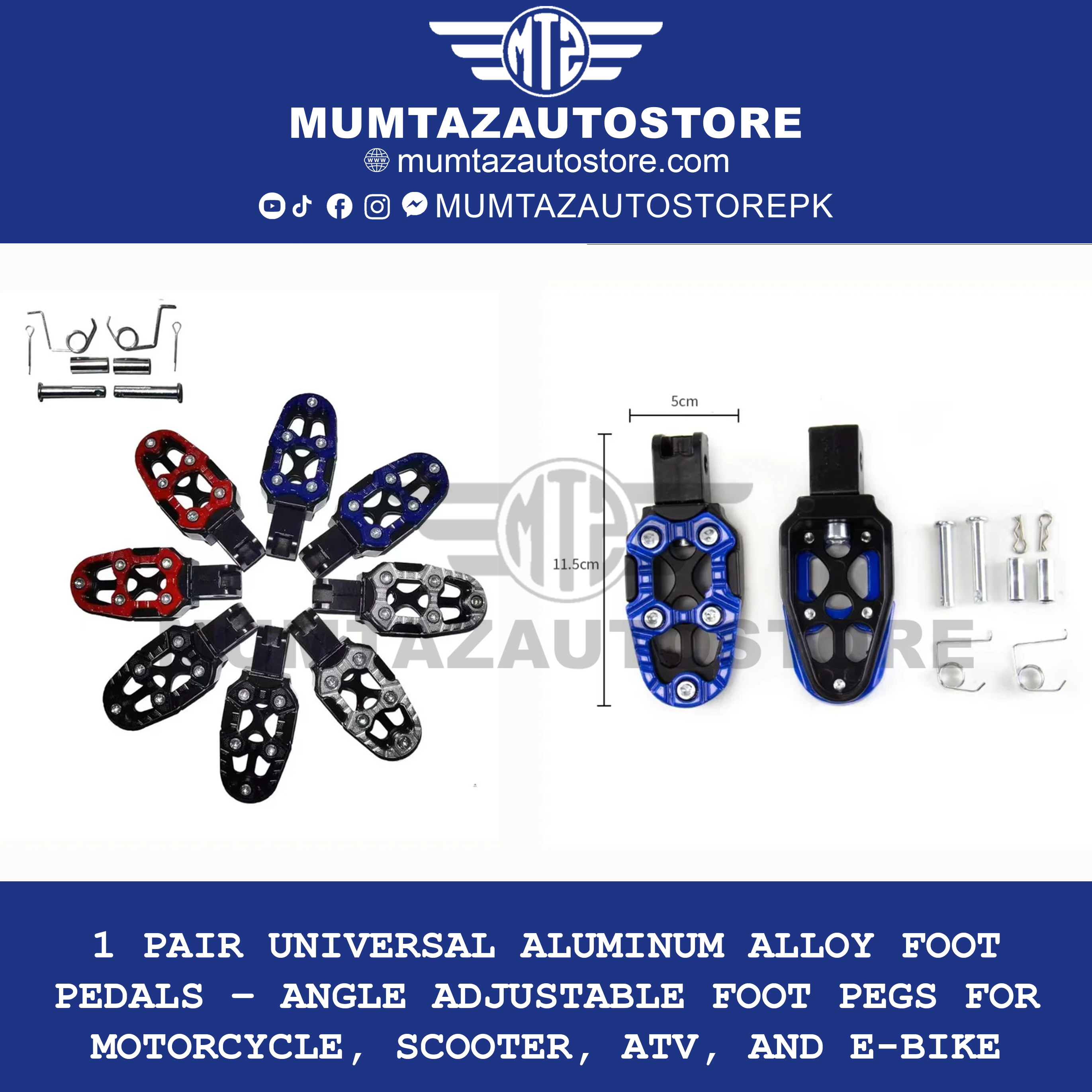 1 Pair Universal Aluminum Alloy Foot Pedals – Angle Adjustable Foot Pegs for Motorcycle, Scooter, ATV, and E-Bike