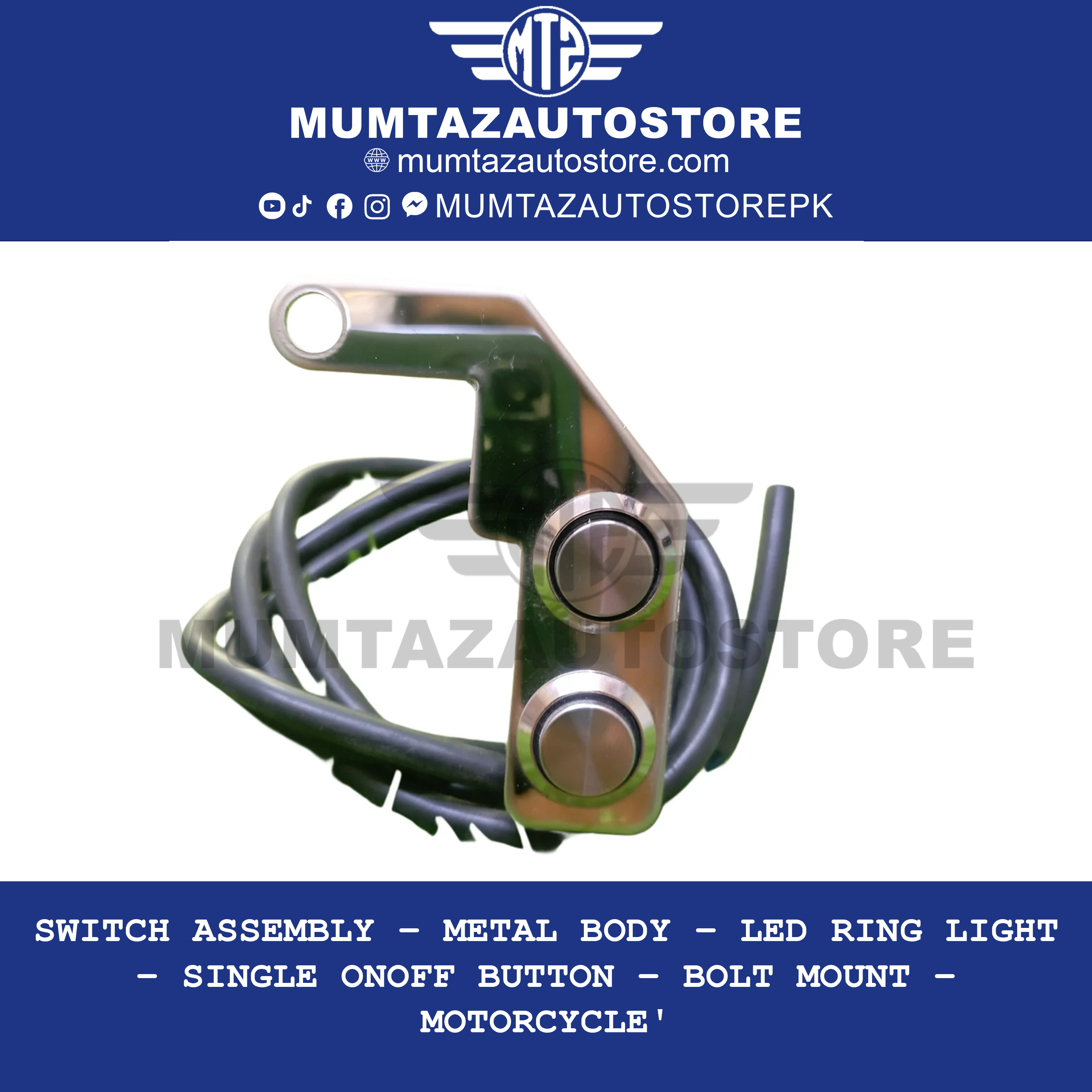 Switch Assembly  – Metal Body – LED Ring Light – Two On/Off Button – Bolt Mount – Motorcycle