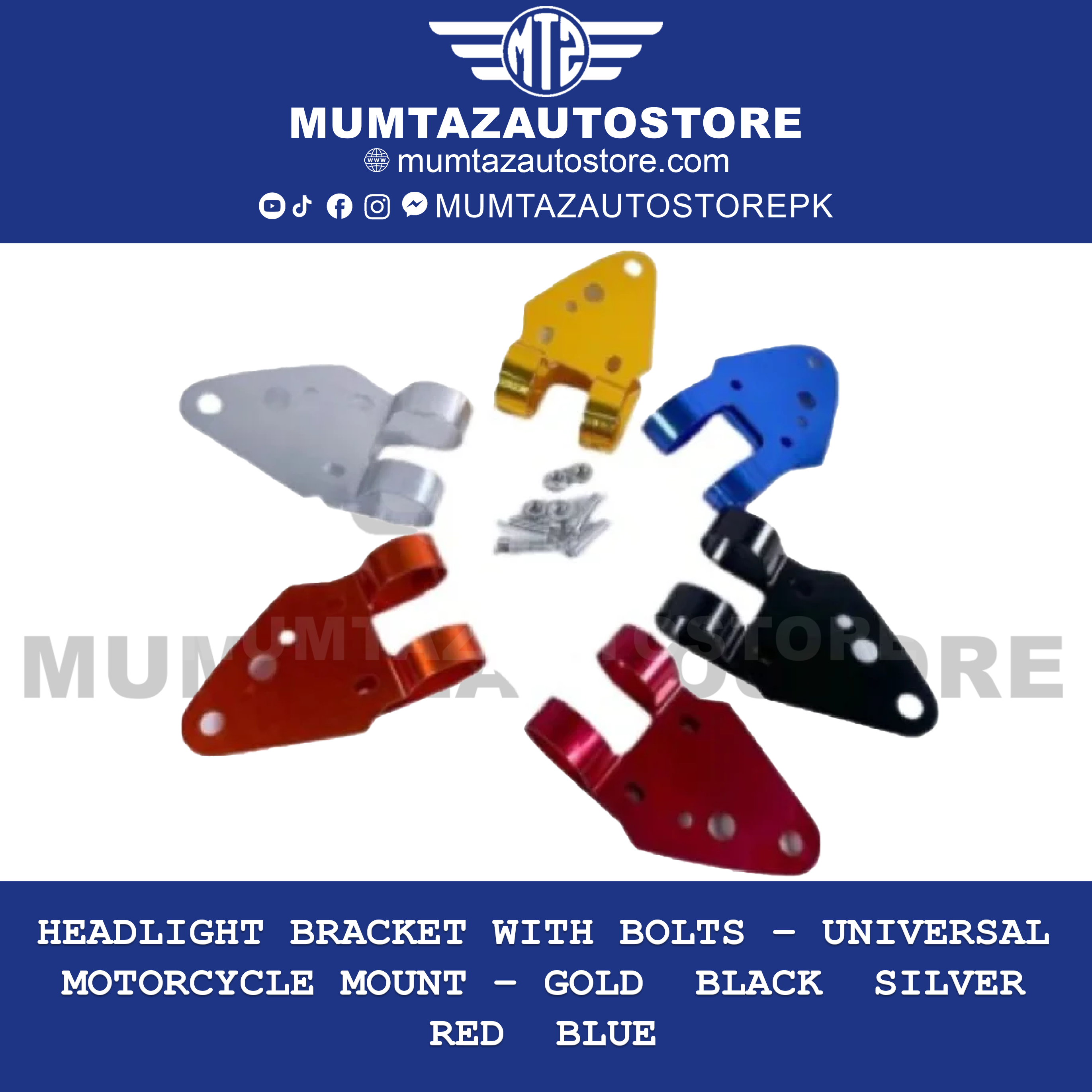 Headlight Bracket with Bolts – Universal Motorcycle Mount – Gold / Black / Silver / Red / Blue