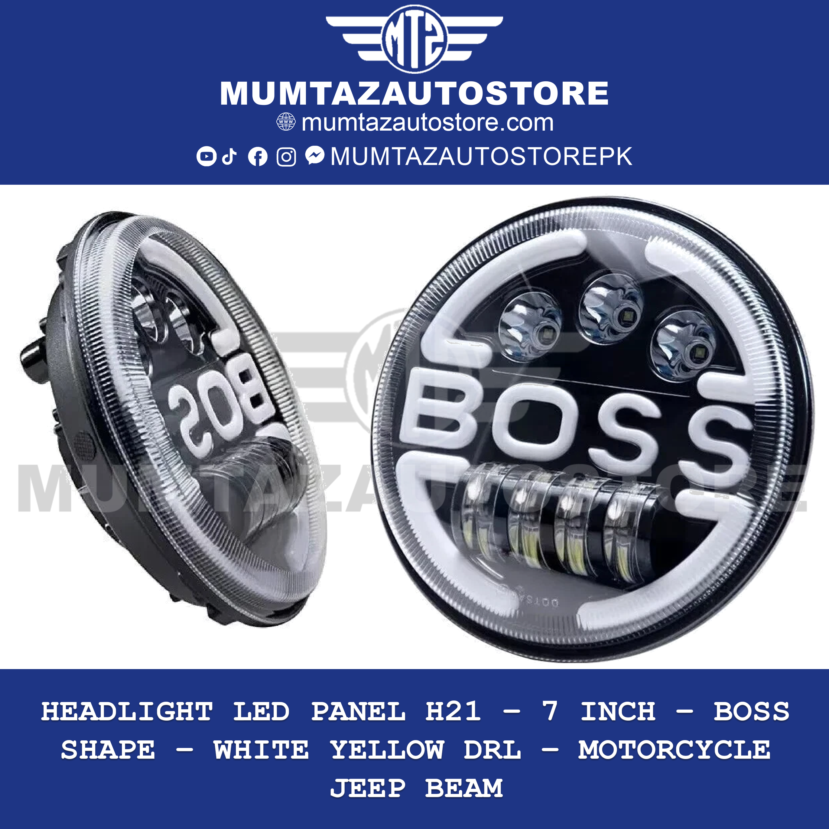 Headlight LED Panel H21 – 7 Inch – BOSS Shape – White Yellow DRL – Motorcycle Jeep Beam