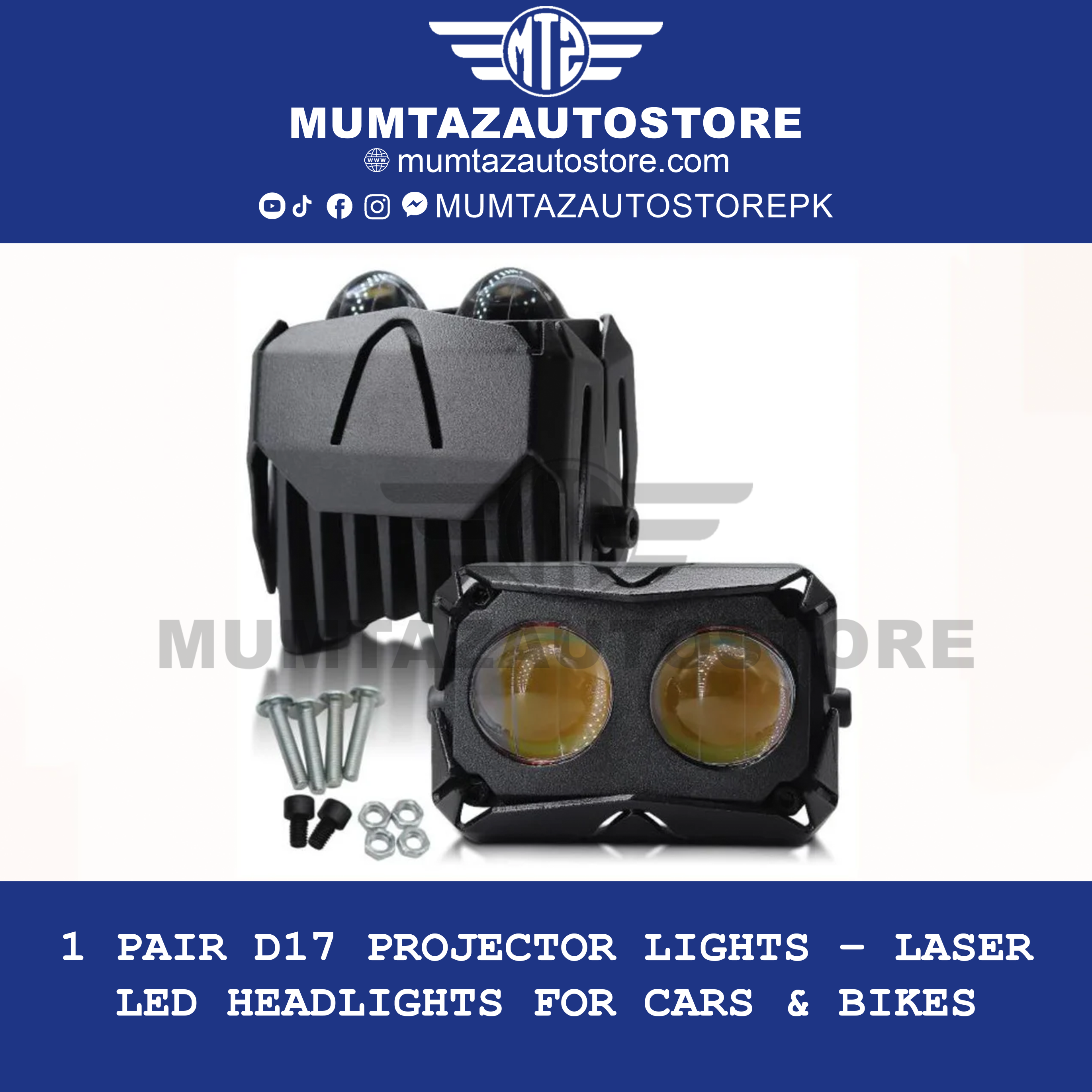 1 Pair D17 Projector Lights – Laser LED Headlights for Cars & Bikes