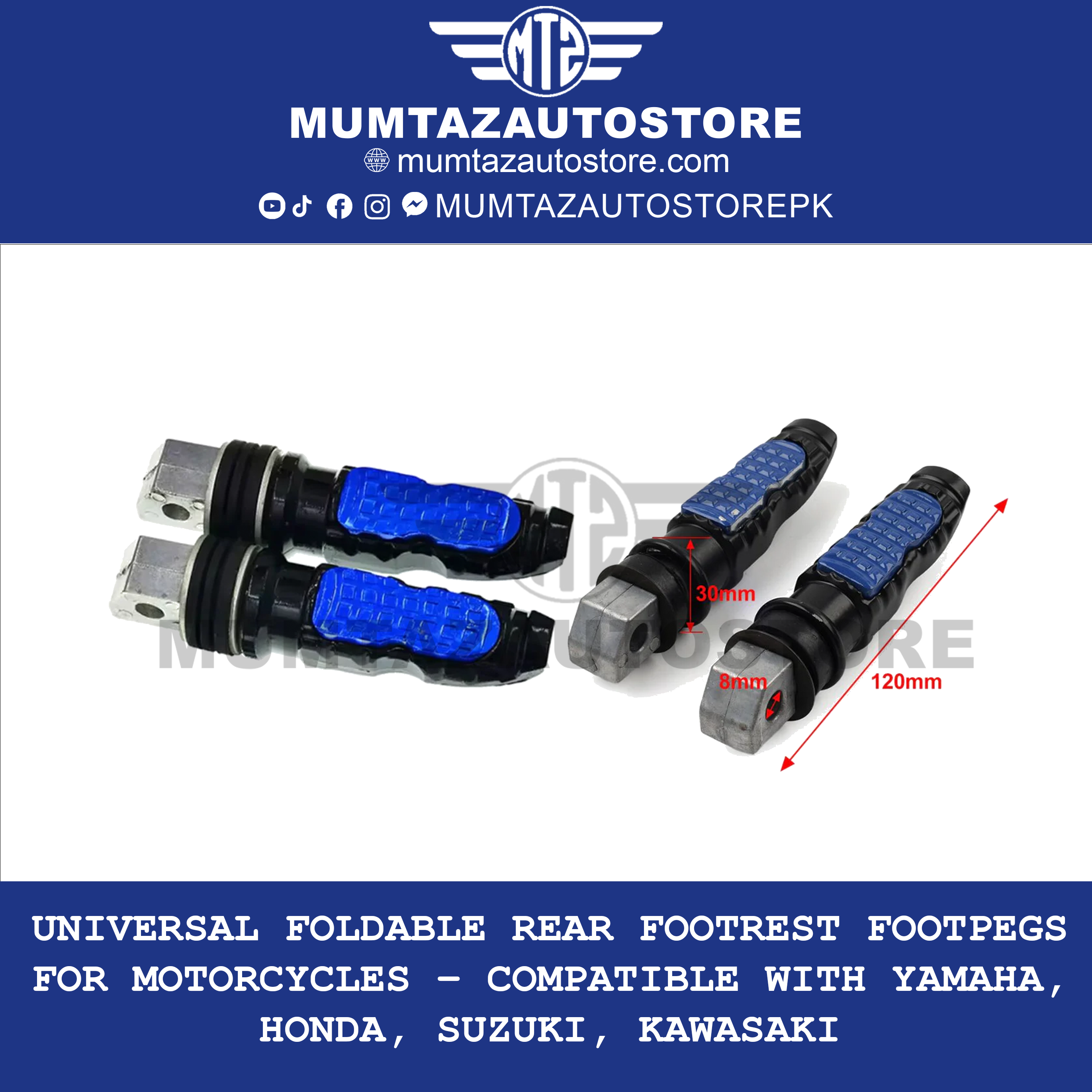 Universal Foldable Rear Footrest Footpegs for Motorcycles – Compatible with Yamaha, Honda, Suzuki, Kawasaki
