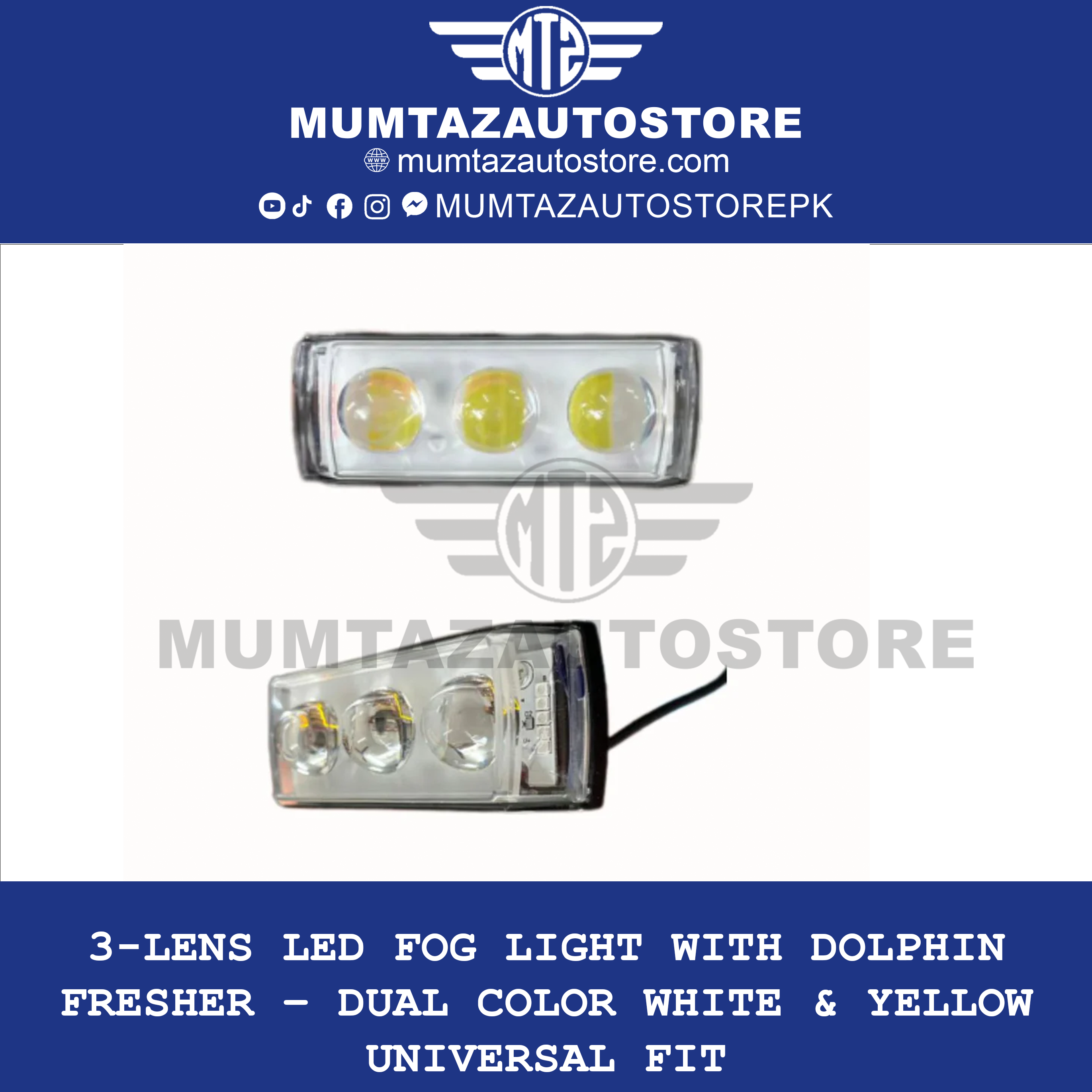 3-Lens LED Fog Light with Dolphin Fresher – Dual Color White & Yellow | Universal Fit