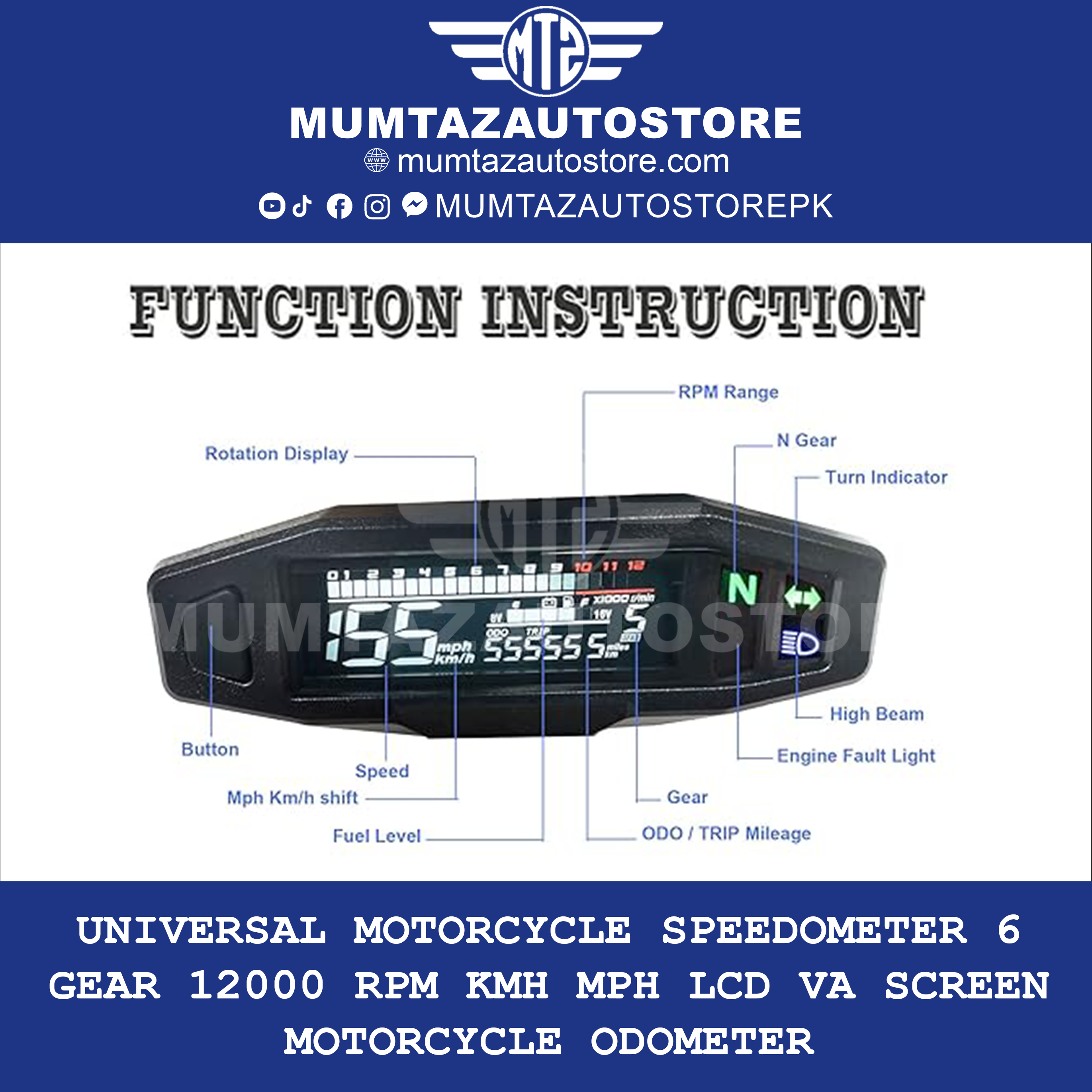 Universal Motorcycle Speedometer 6 Gear 12000 RPM Kmh MPH LCD VA Screen Motorcycle Odometer