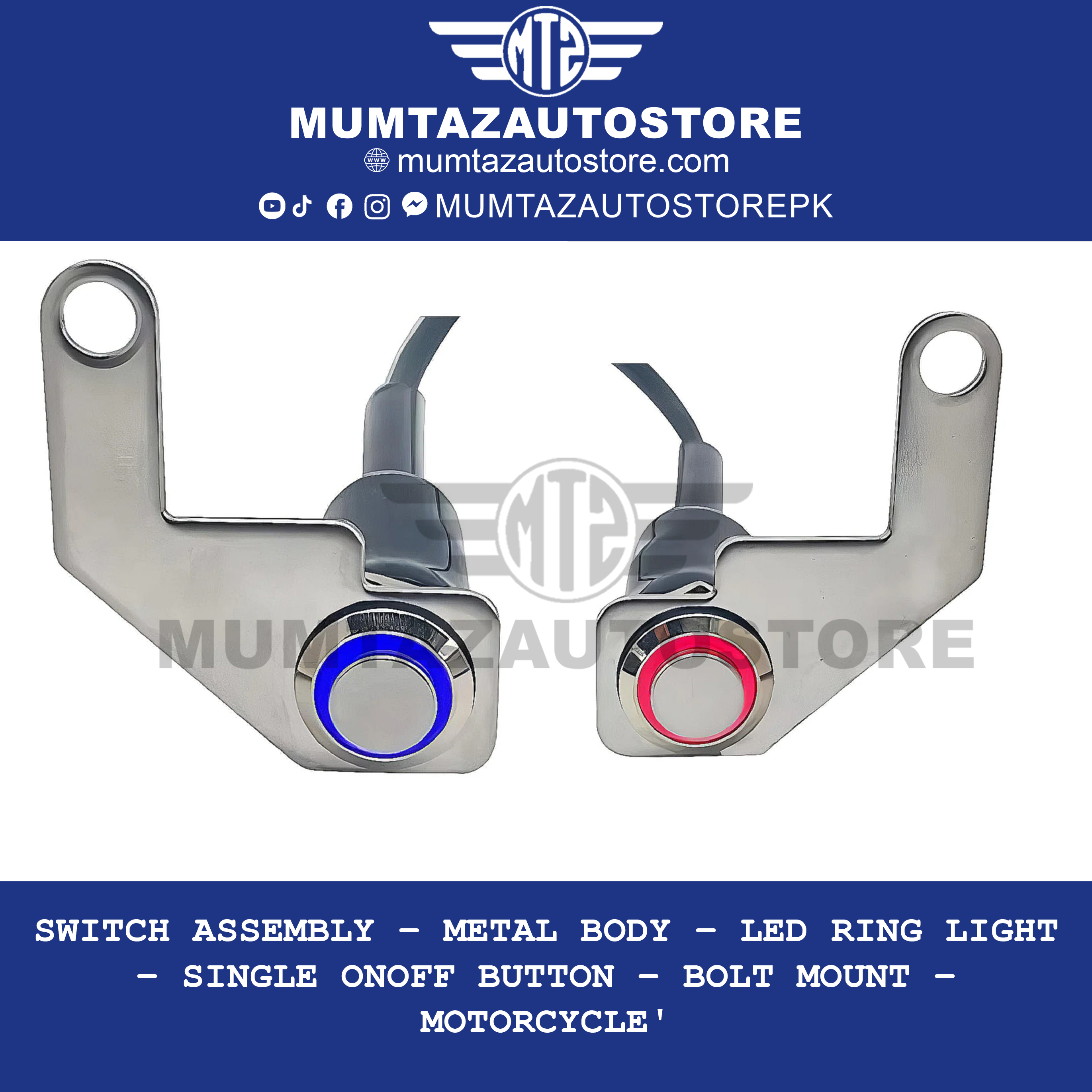 Switch Assembly  – Metal Body – LED Ring Light – Single On/Off Button – Bolt Mount – Motorcycle