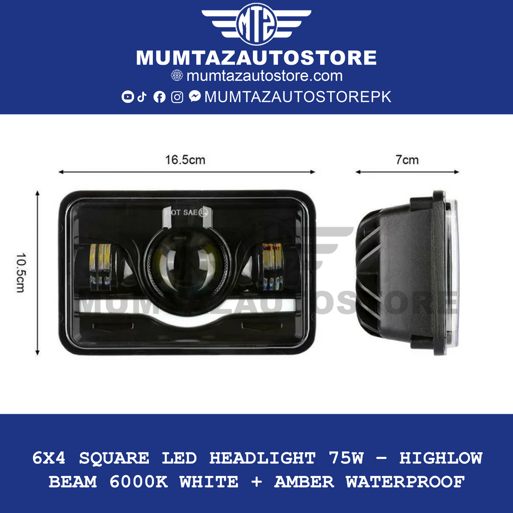 6x4 Square LED Headlight 75W – HighLow Beam  6000K White + Amber  Waterproof