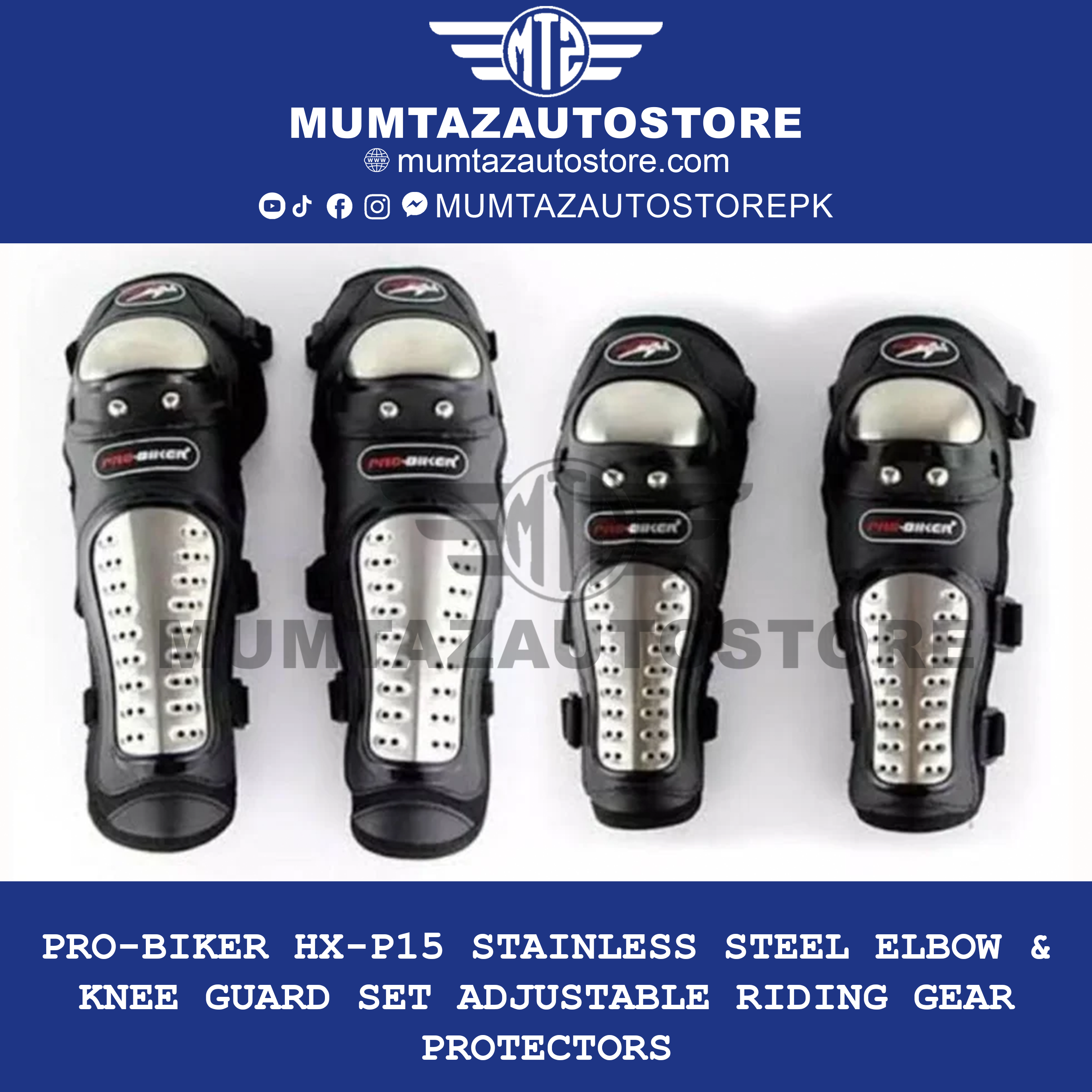 Pro-Biker HX-P15 Stainless Steel Elbow & Knee Guard Set  Adjustable Riding Gear Protectors