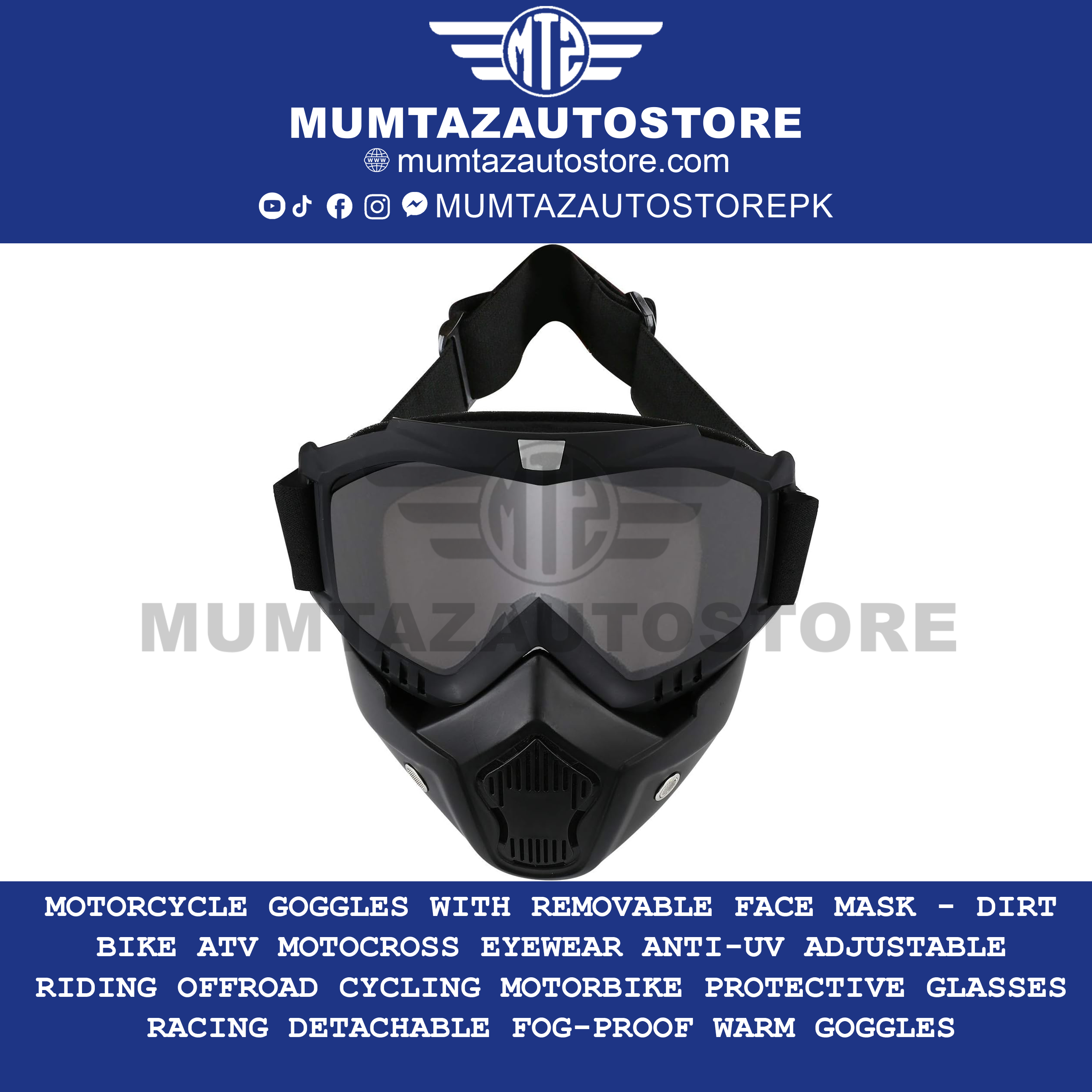 Motorcycle Goggles with Removable Face Mask - Dirt Bike ATV Motocross Eyewear Anti-UV Adjustable Riding Offroad Cycling Motorbike Protective Glasses Racing Detachable Fog-proof Warm Goggles