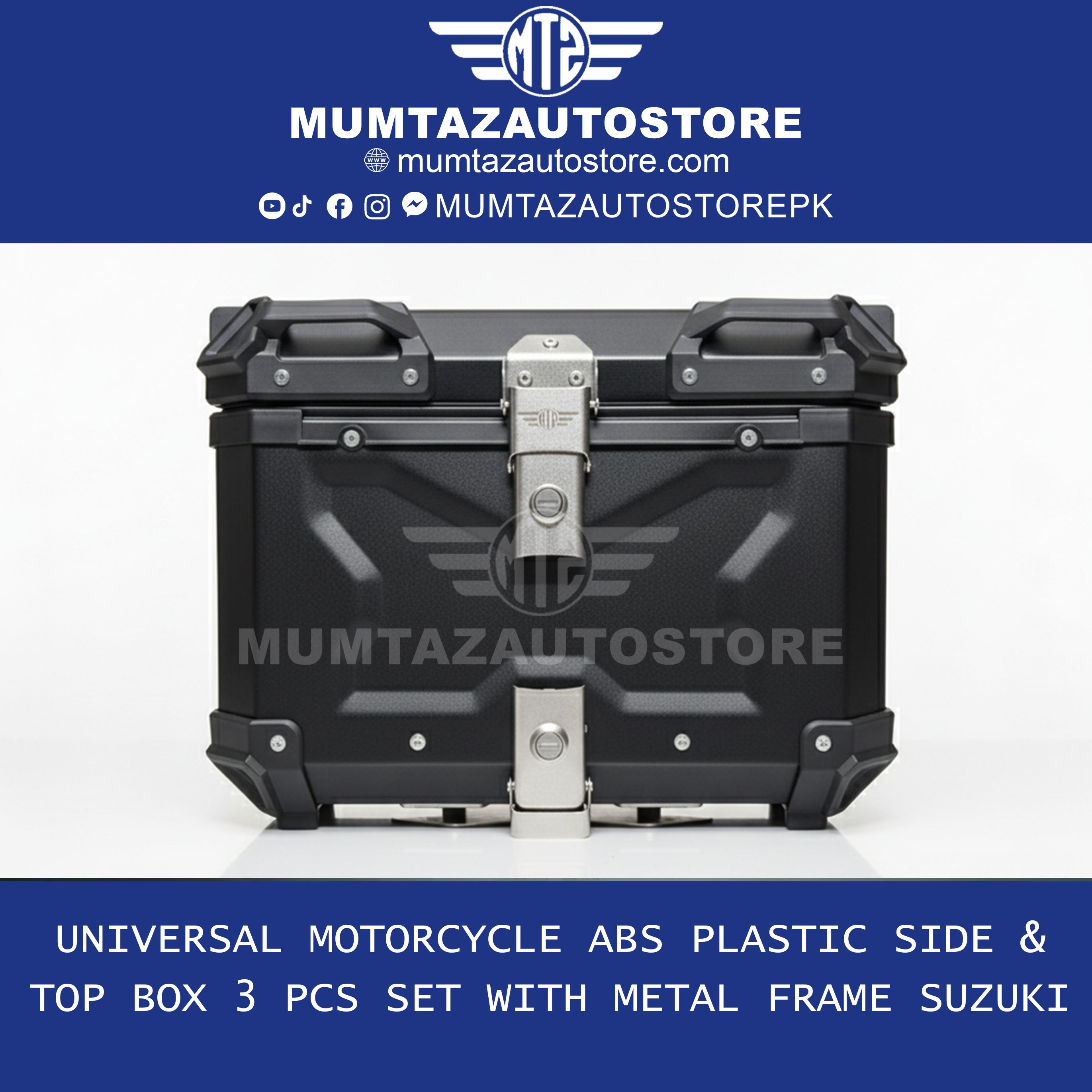 Universal Motorcycle ABS Plastic Side & Top Box Set (3 PCS) with Metal Frame