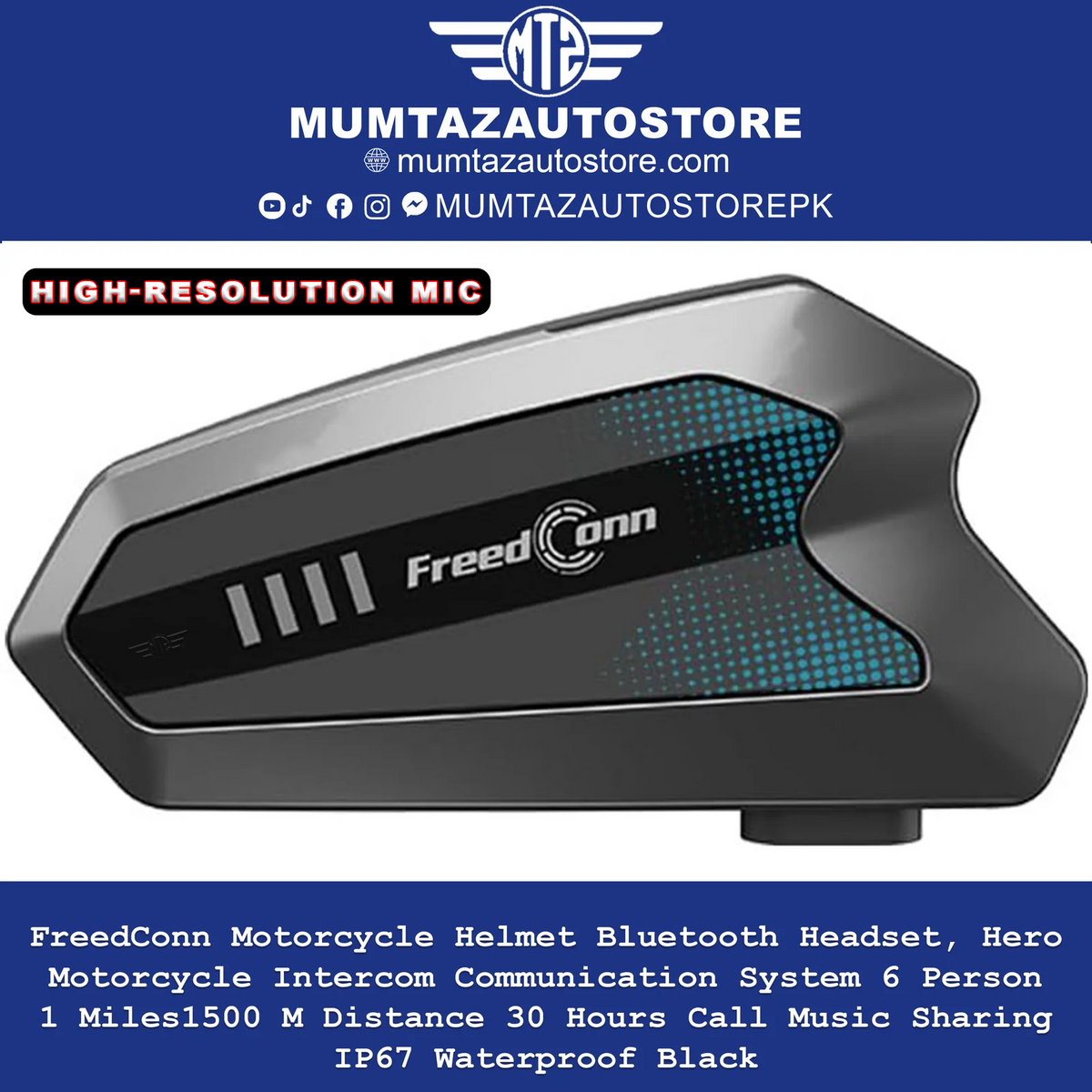 FreedConn Motorcycle Helmet Bluetooth Headset, Hero Motorcycle Intercom Communication System 6 Person 1Miles/1500 M Distance 30 Hours Call Music Sharing IP67 Waterproof Black