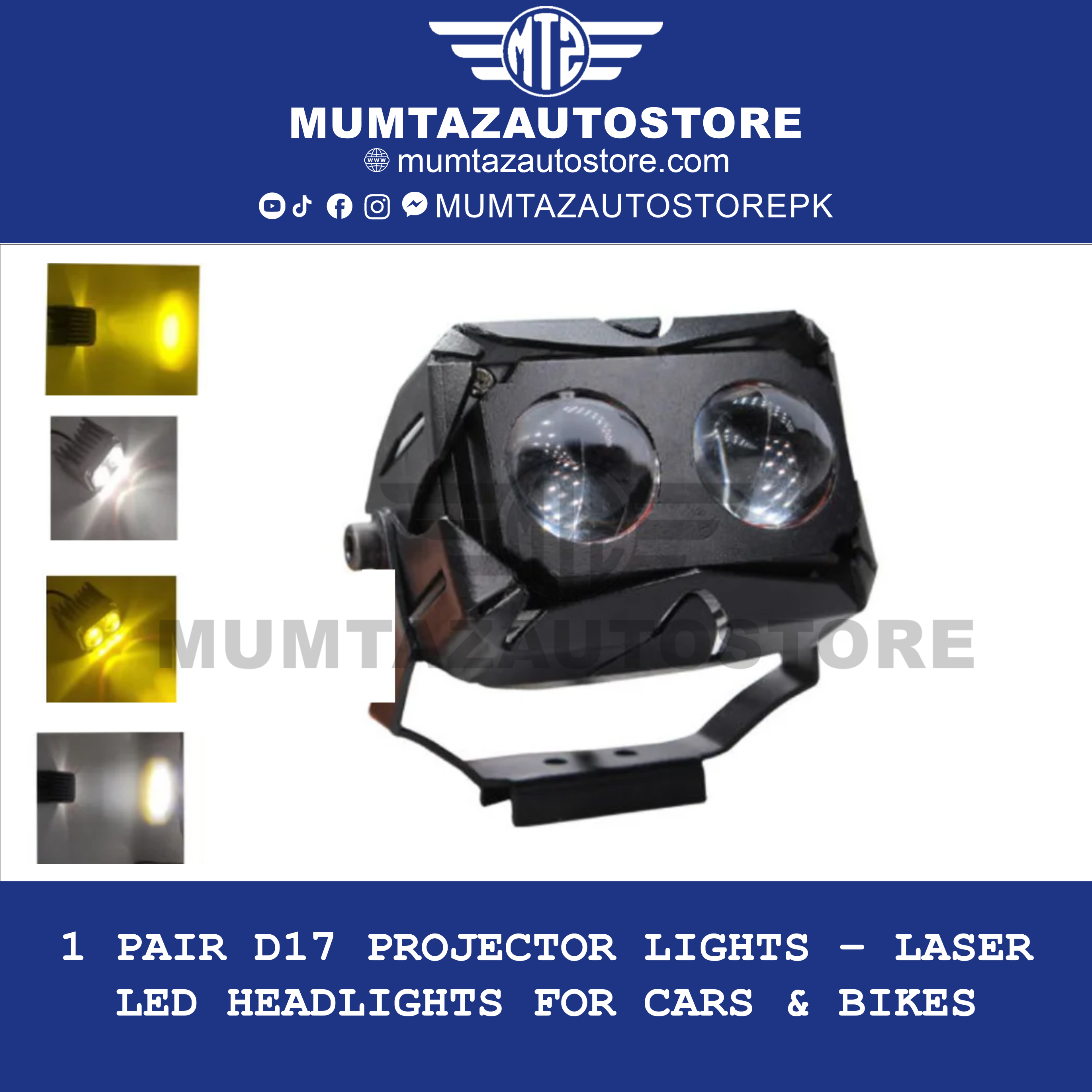 1 Pair D17 Projector Lights – Laser LED Headlights for Cars & Bikes