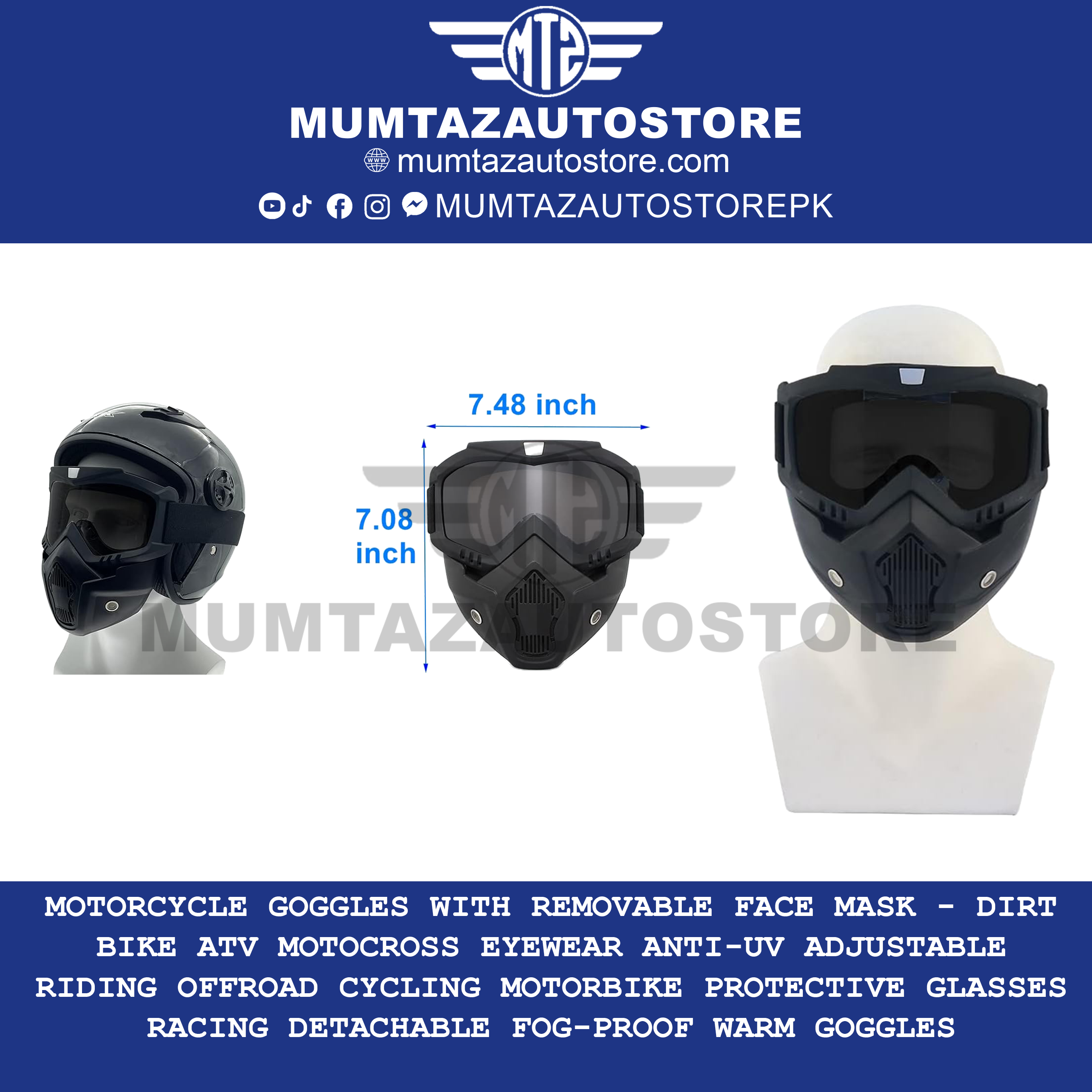 Motorcycle Goggles with Removable Face Mask - Dirt Bike ATV Motocross Eyewear Anti-UV Adjustable Riding Offroad Cycling Motorbike Protective Glasses Racing Detachable Fog-proof Warm Goggles
