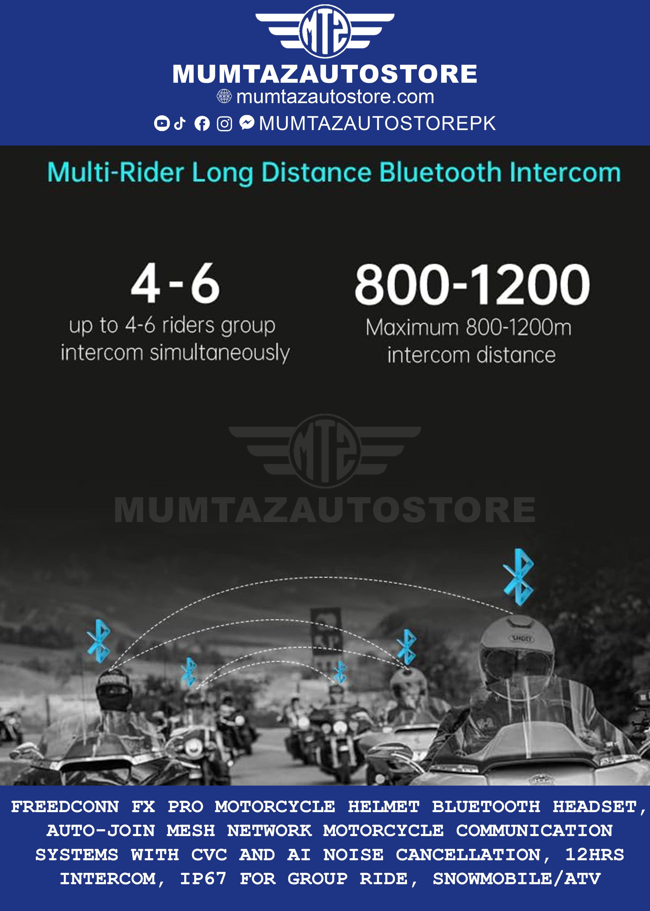 FreedConn FX PRO Motorcycle Helmet Bluetooth Headset, Auto-Join Mesh Network Motorcycle Communication Systems with CVC and AI Noise Cancellation, 12Hrs Intercom, IP67 for Group Ride, Snowmobile/ATV