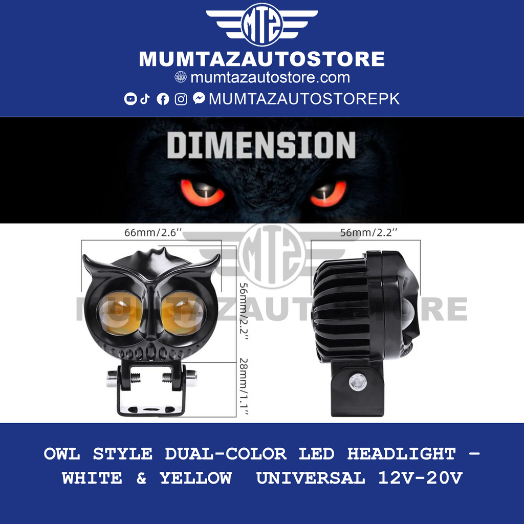 Owl Style Dual-Color LED Headlight – White & Yellow | Universal 12V-20V