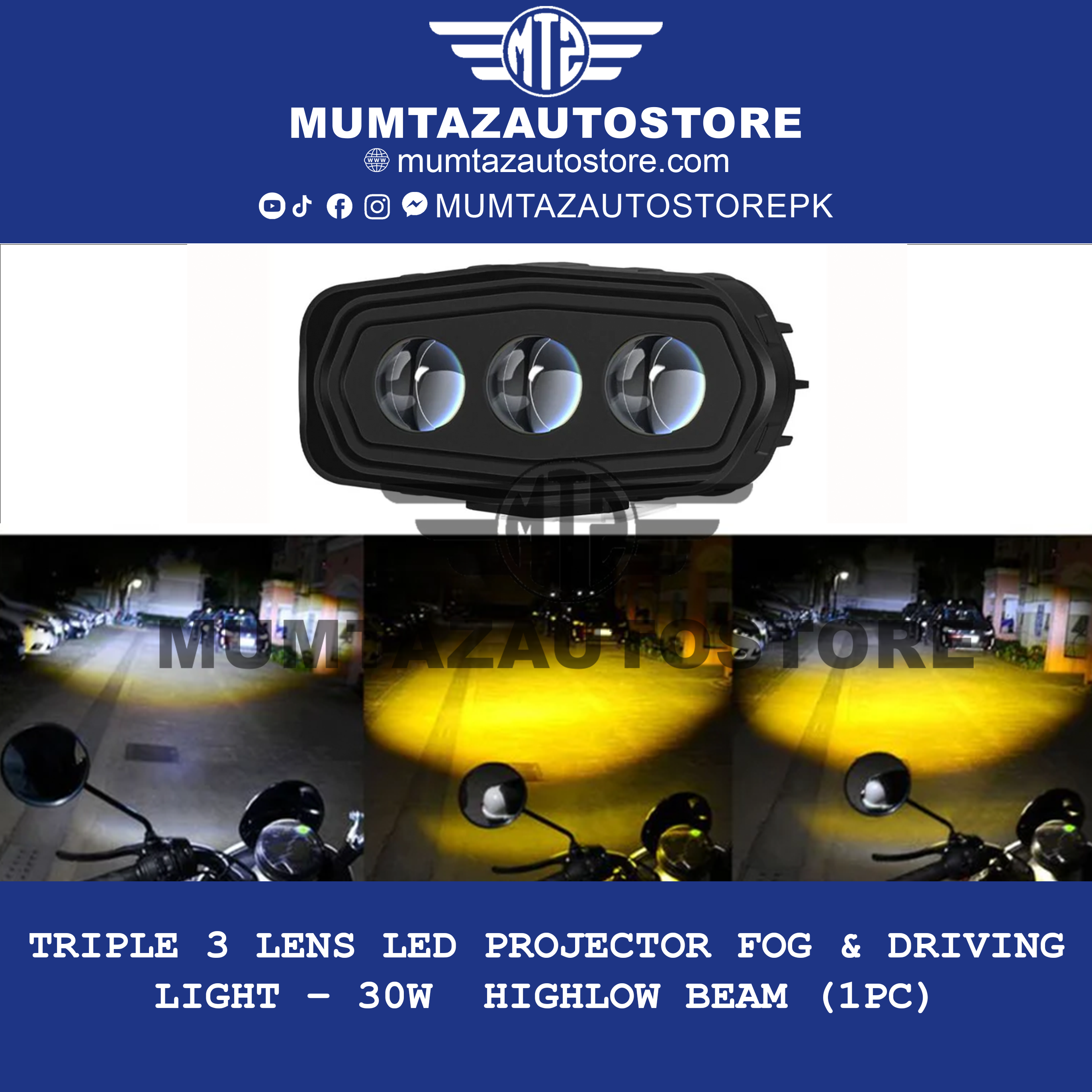 Triple 3 Lens LED Projector Fog & Driving Light – 30W | High/Low Beam (1pc)