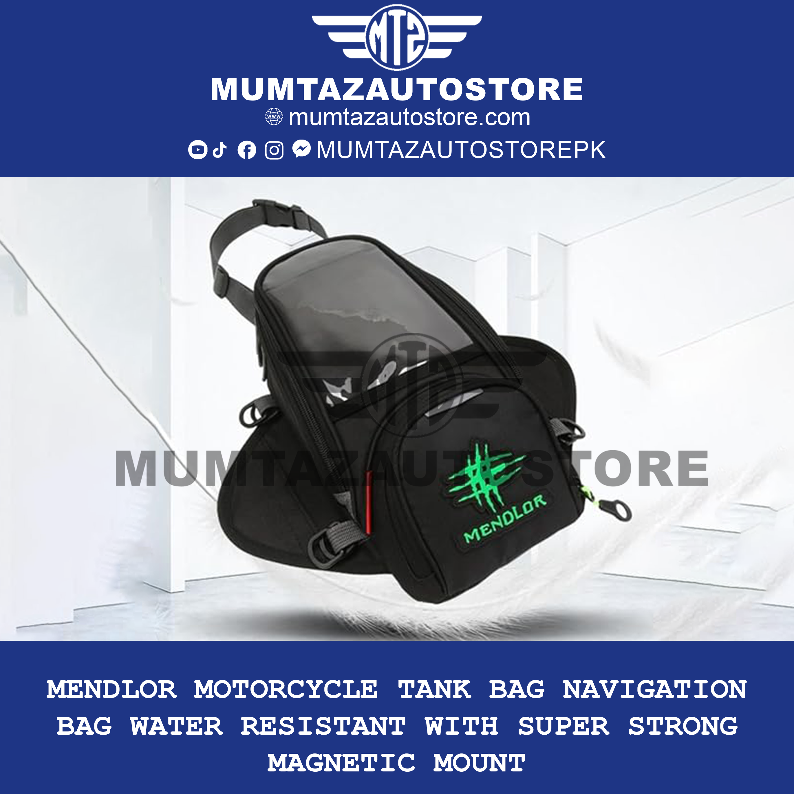 MENDLOR Motorcycle Tank Bag Navigation Bag Water Resistant with Super Strong Magnetic Mount Black Big 14.1"L x 7.48"W x 3.15"H 4L