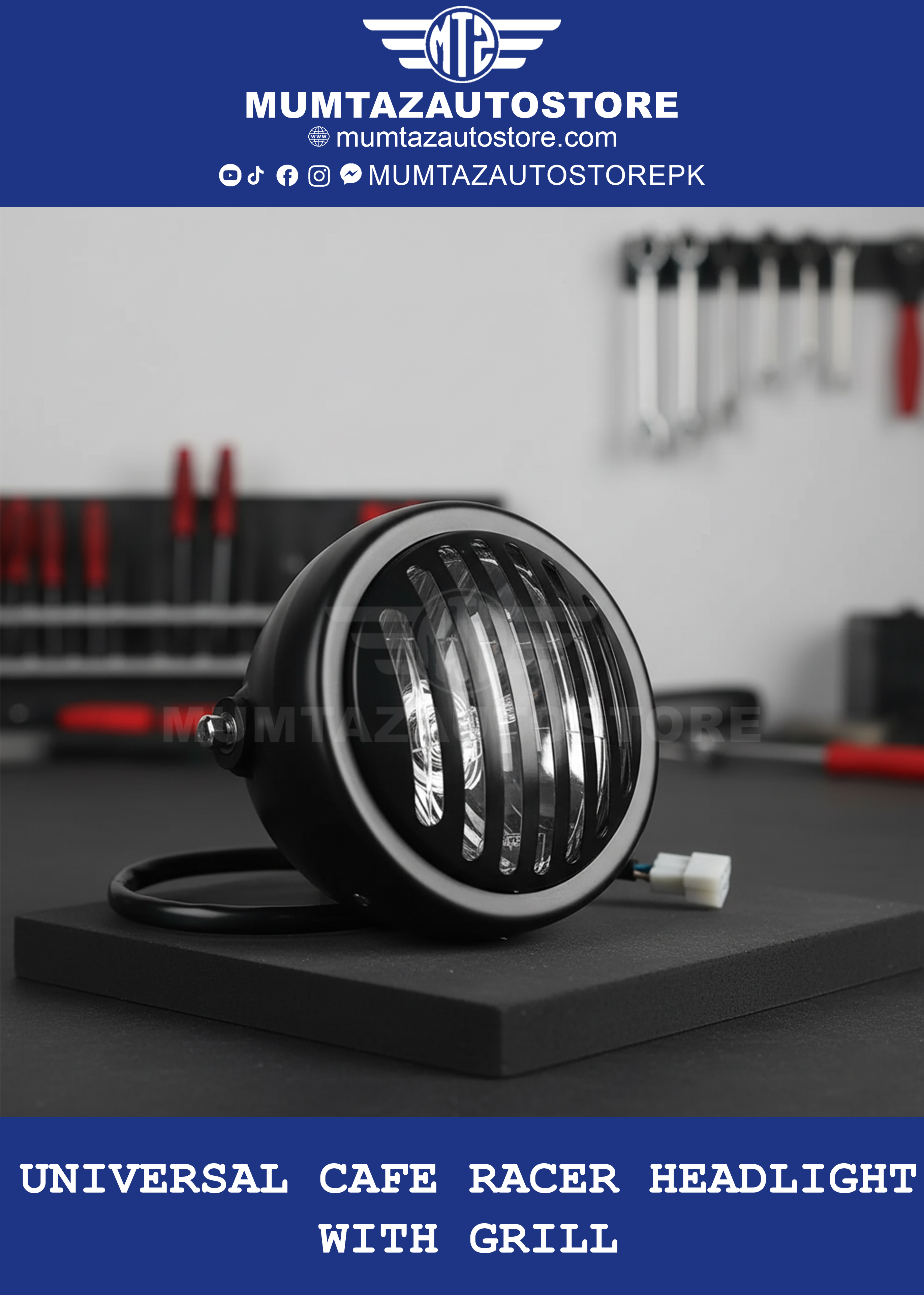 Universal Cafe Racer Headlight with Grill – Metal Body  HiLow Beam Function