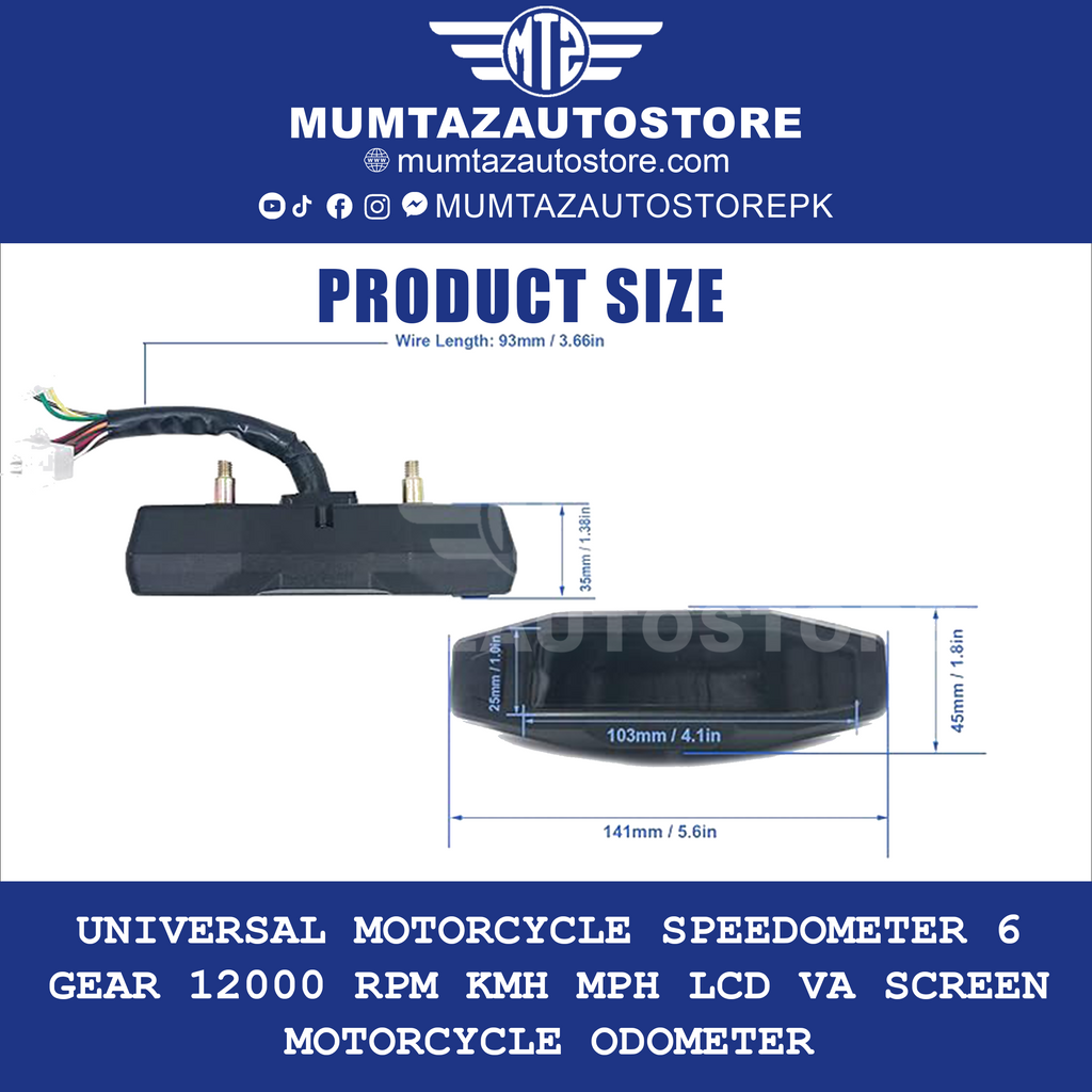Universal Motorcycle Speedometer 6 Gear 12000 RPM Kmh MPH LCD VA Screen Motorcycle Odometer