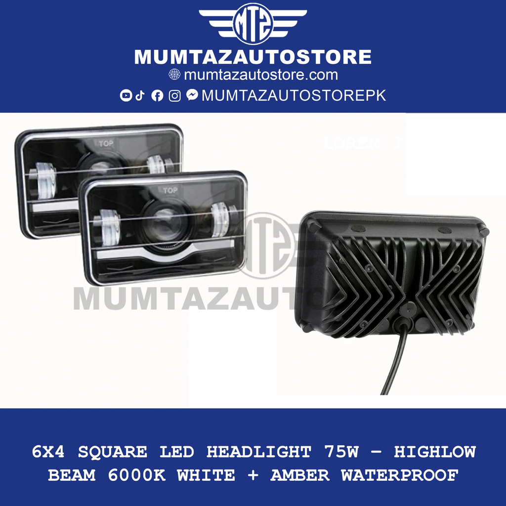 6x4 Square LED Headlight 75W – HighLow Beam  6000K White + Amber  Waterproof