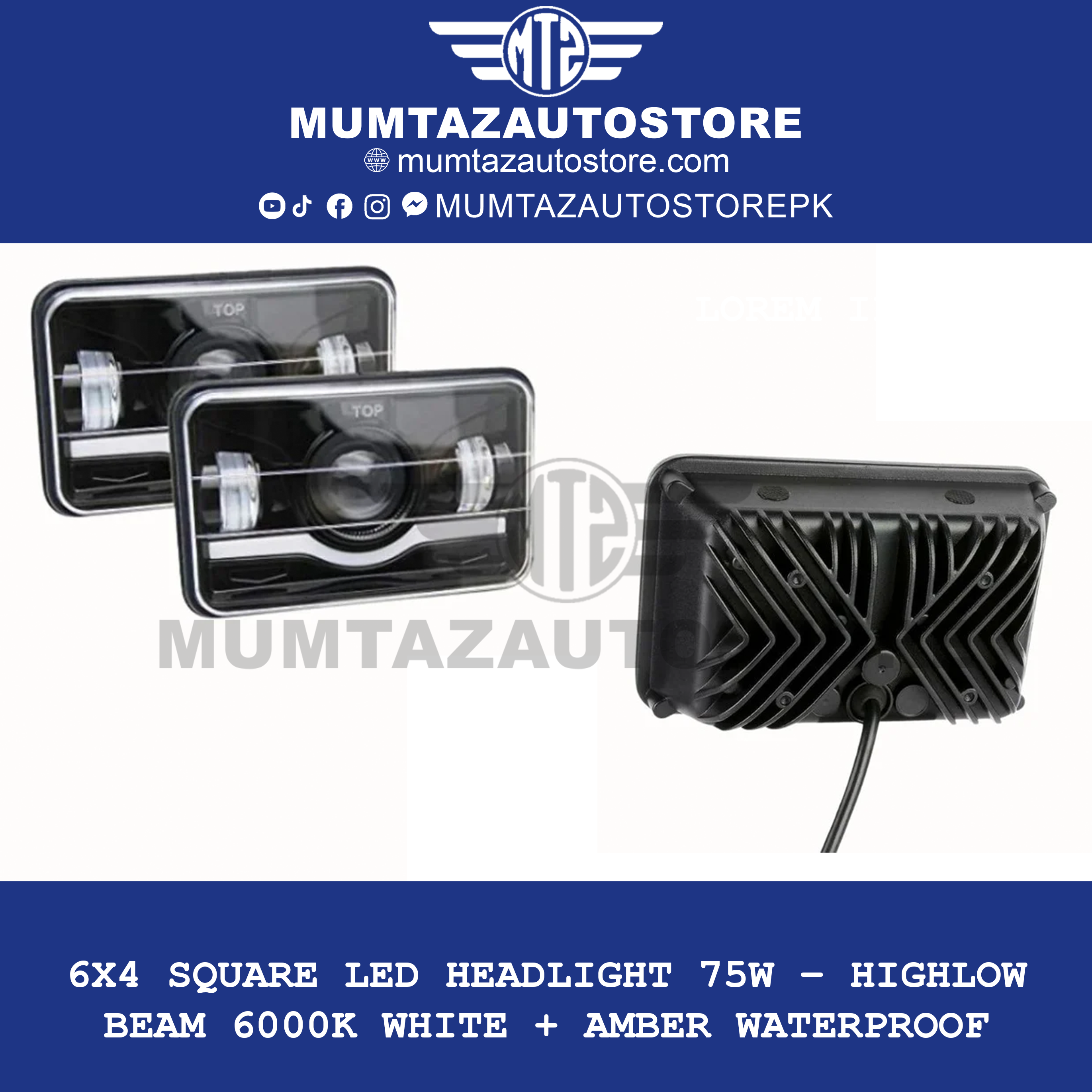 6x4 Square LED Headlight 75W – HighLow Beam  6000K White + Amber  Waterproof