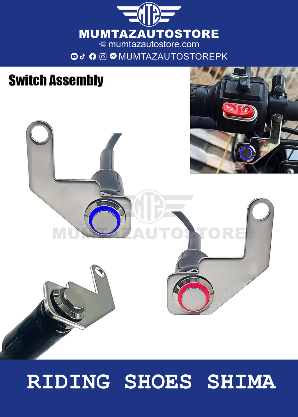 Switch Assembly  – Metal Body – LED Ring Light – Single On/Off Button – Bolt Mount – Motorcycle