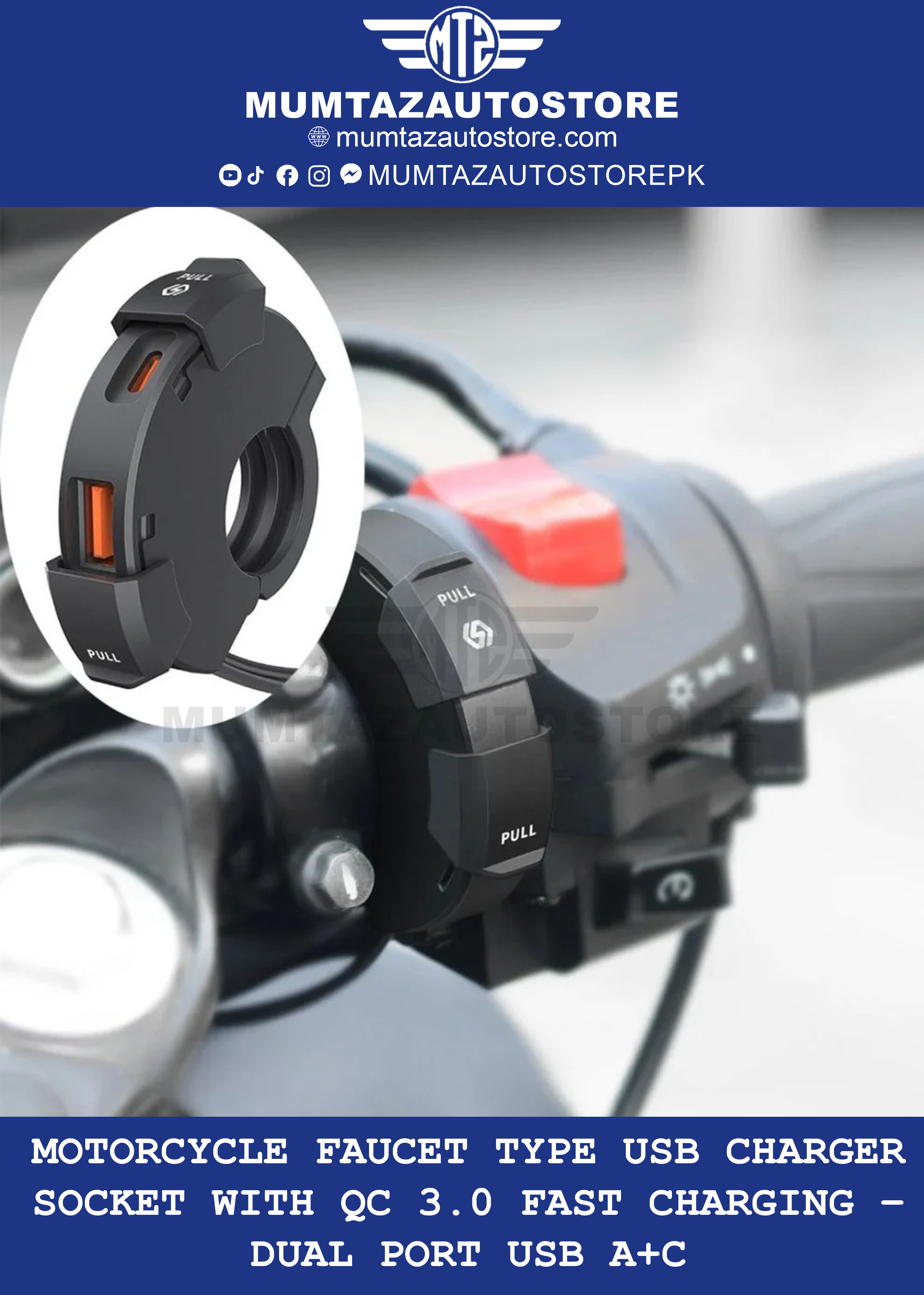 Motorcycle Faucet Type USB Charger Socket with QC 3.0 Fast Charging – Dual Port USB A+C