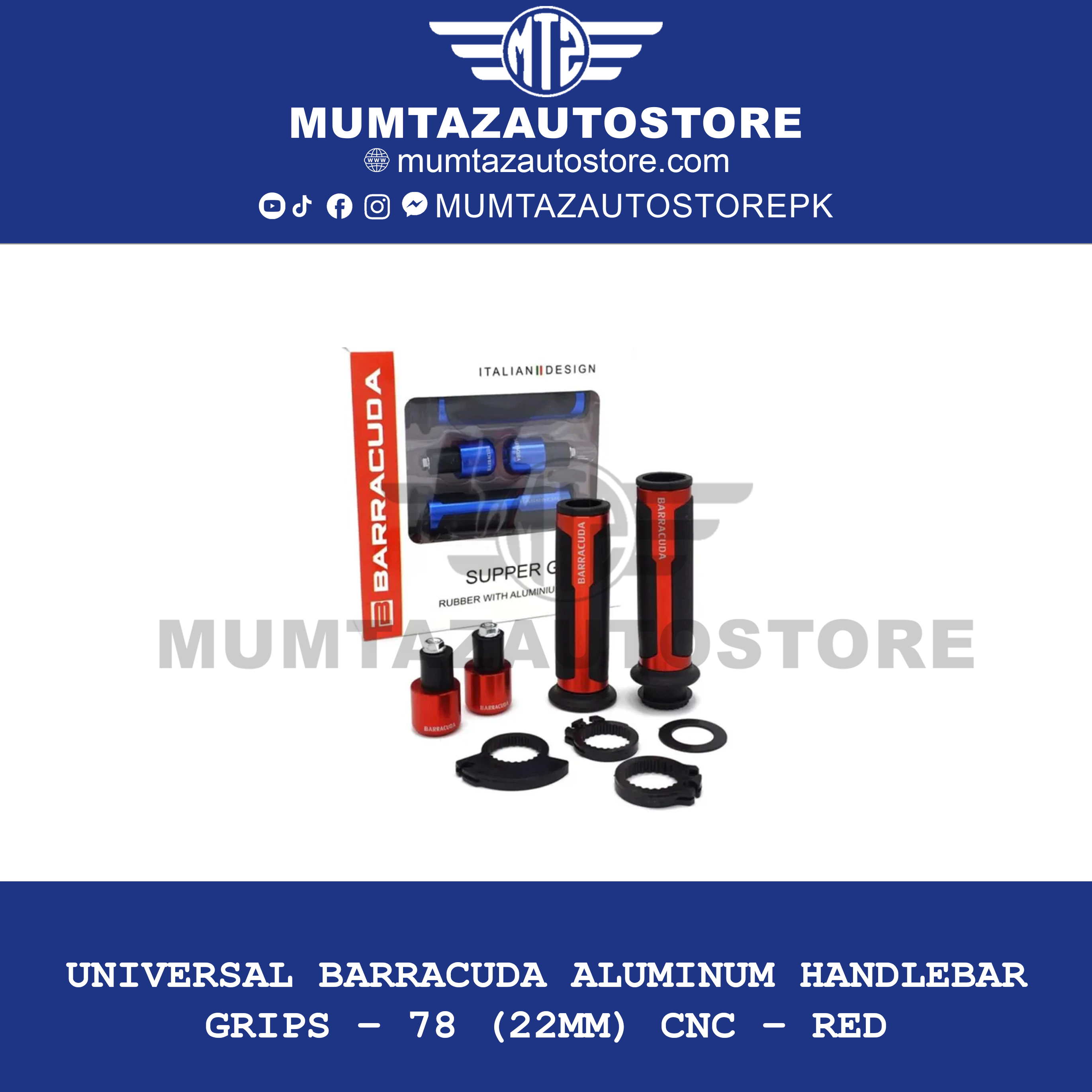 Universal BARRACUDA Aluminum Handlebar Grips – 7/8" (22mm) CNC – RED