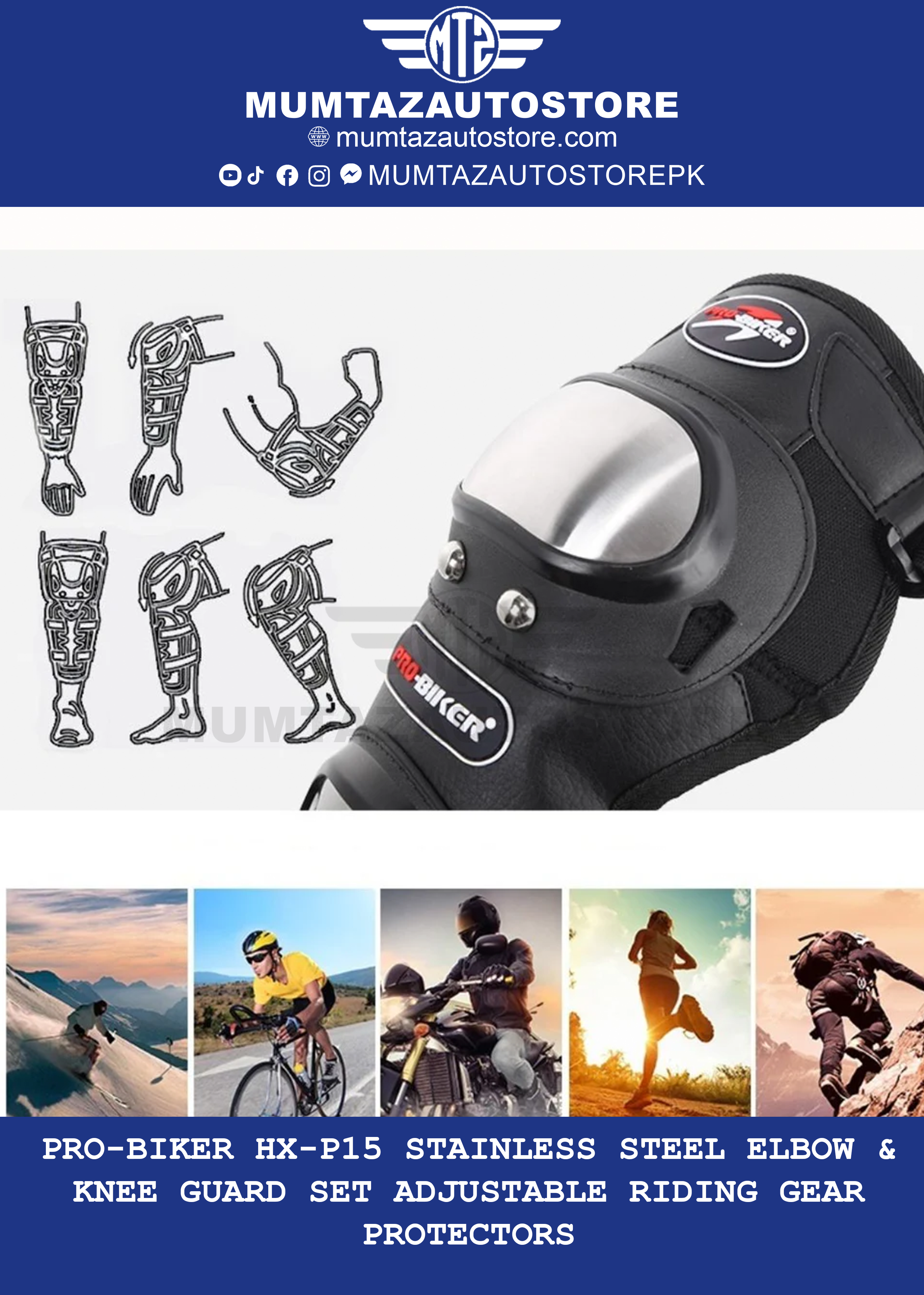 Pro-Biker HX-P15 Stainless Steel Elbow & Knee Guard Set  Adjustable Riding Gear Protectors