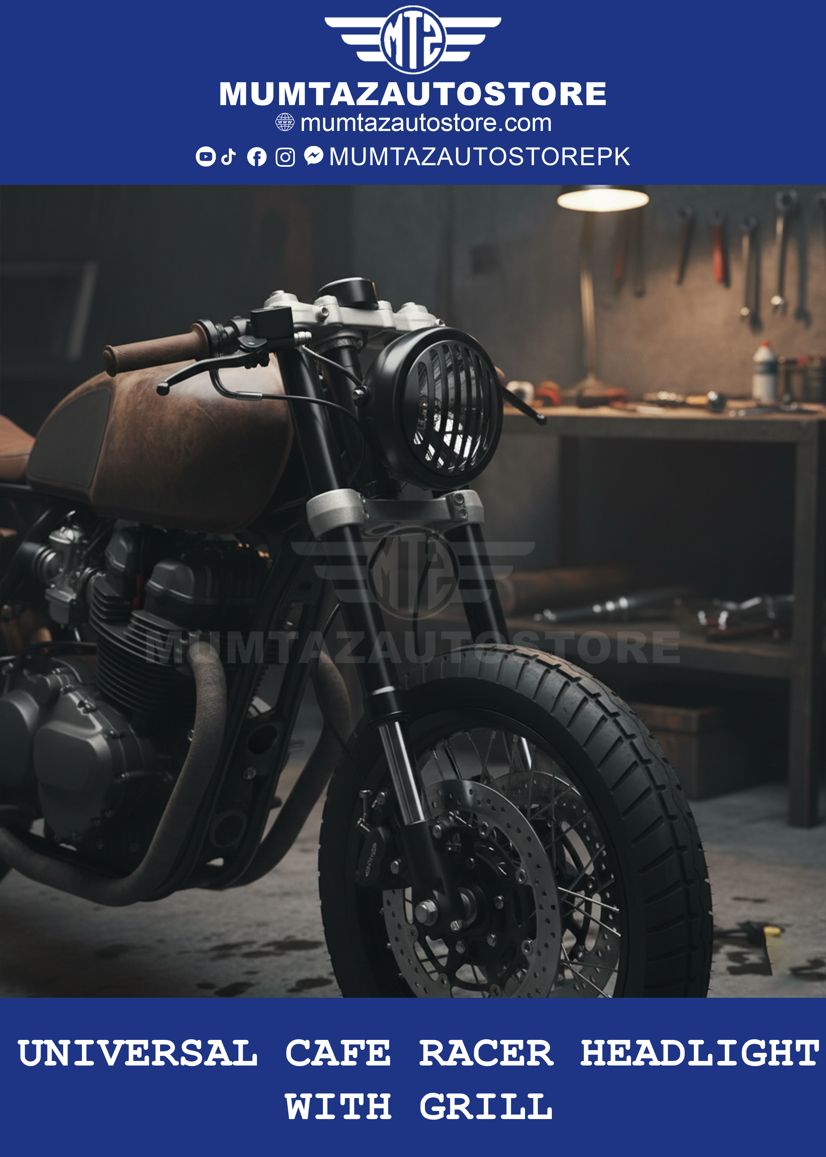 Universal Cafe Racer Headlight with Grill – Metal Body  HiLow Beam Function