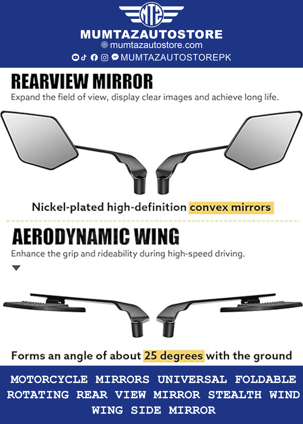 Side View Mirrors H3353-V5 – Kawasaki H2 Wing Style Rear Mirror – CNC Machined – Motorcycle