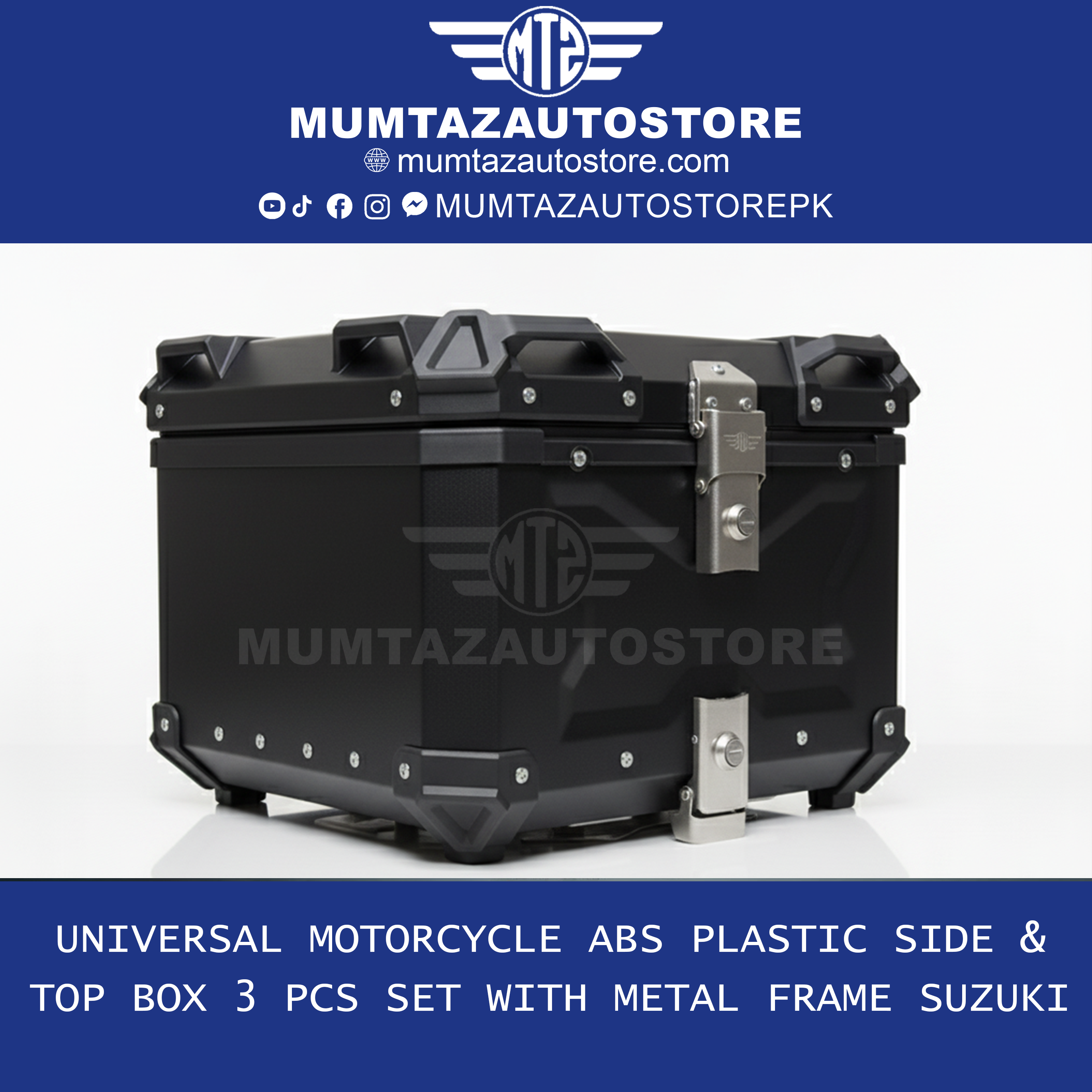 Universal Motorcycle ABS Plastic Side & Top Box Set (3 PCS) with Metal Frame