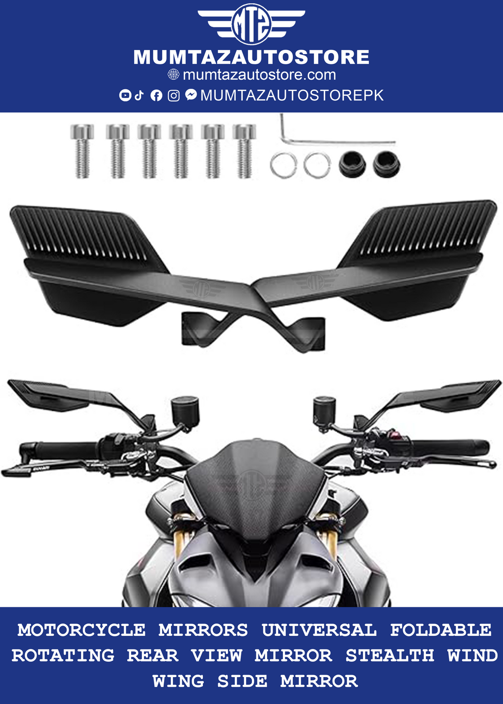 Side View Mirrors H3353-V5 – Kawasaki H2 Wing Style Rear Mirror – CNC Machined – Motorcycle