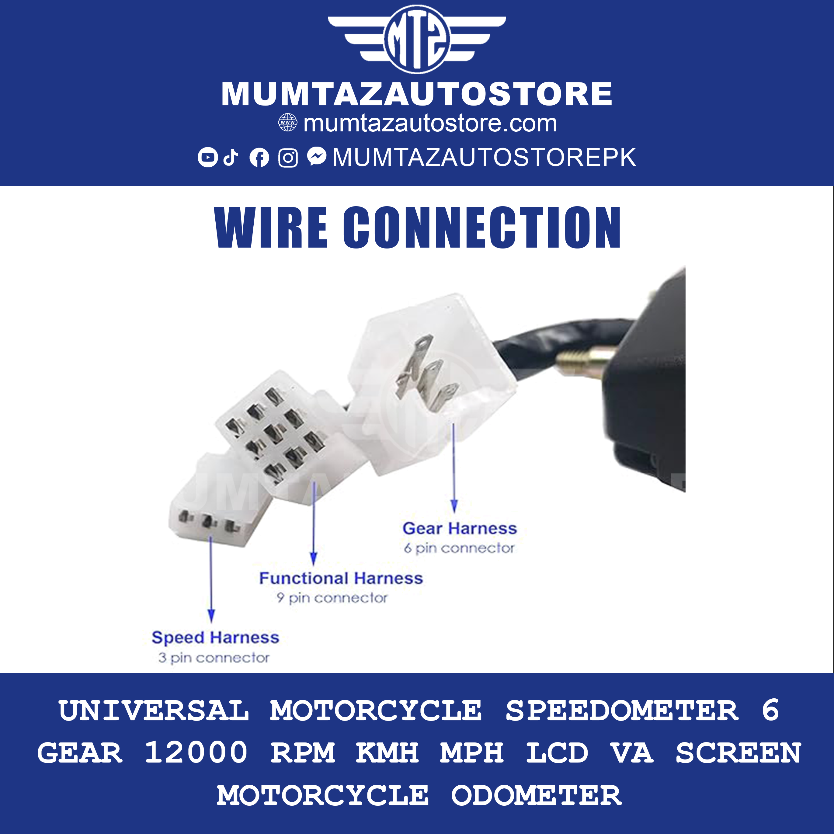 Universal Motorcycle Speedometer 6 Gear 12000 RPM Kmh MPH LCD VA Screen Motorcycle Odometer