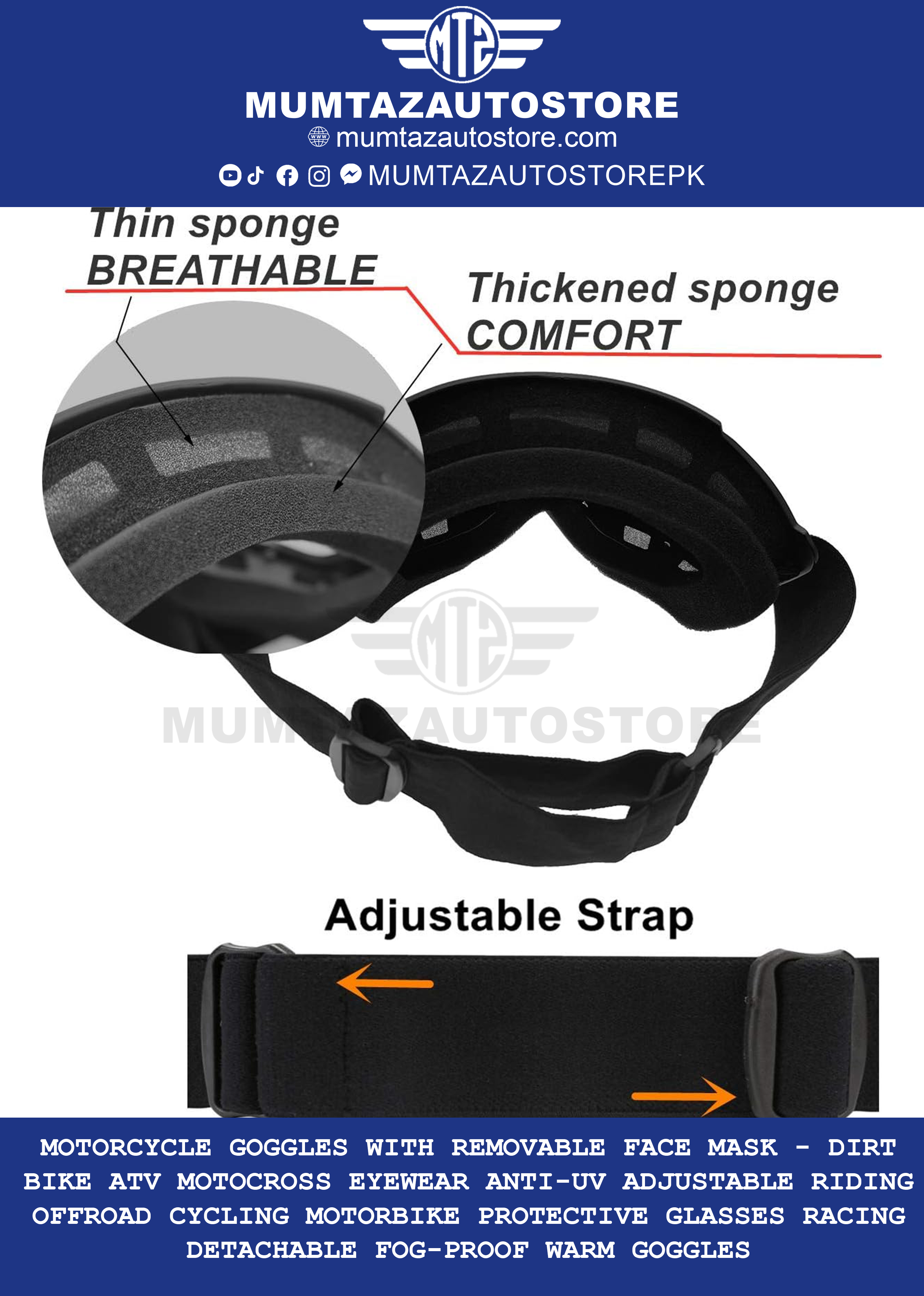 Motorcycle Goggles with Removable Face Mask - Dirt Bike ATV Motocross Eyewear Anti-UV Adjustable Riding Offroad Cycling Motorbike Protective Glasses Racing Detachable Fog-proof Warm Goggles