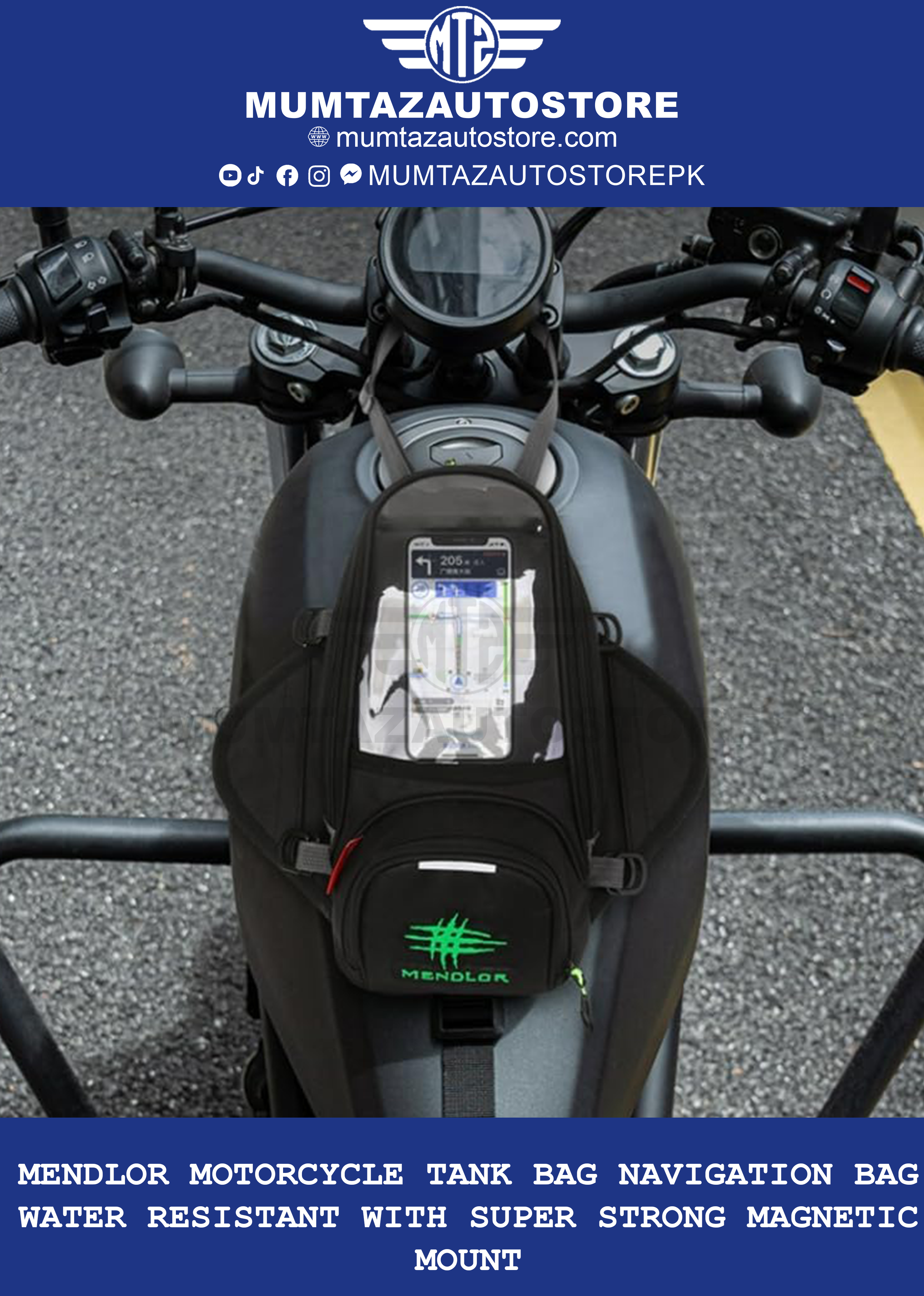 MENDLOR Motorcycle Tank Bag Navigation Bag Water Resistant with Super Strong Magnetic Mount Black Big 14.1"L x 7.48"W x 3.15"H 4L