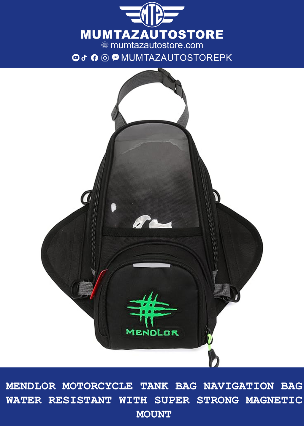 MENDLOR Motorcycle Tank Bag Navigation Bag Water Resistant with Super Strong Magnetic Mount Black Big 14.1"L x 7.48"W x 3.15"H 4L