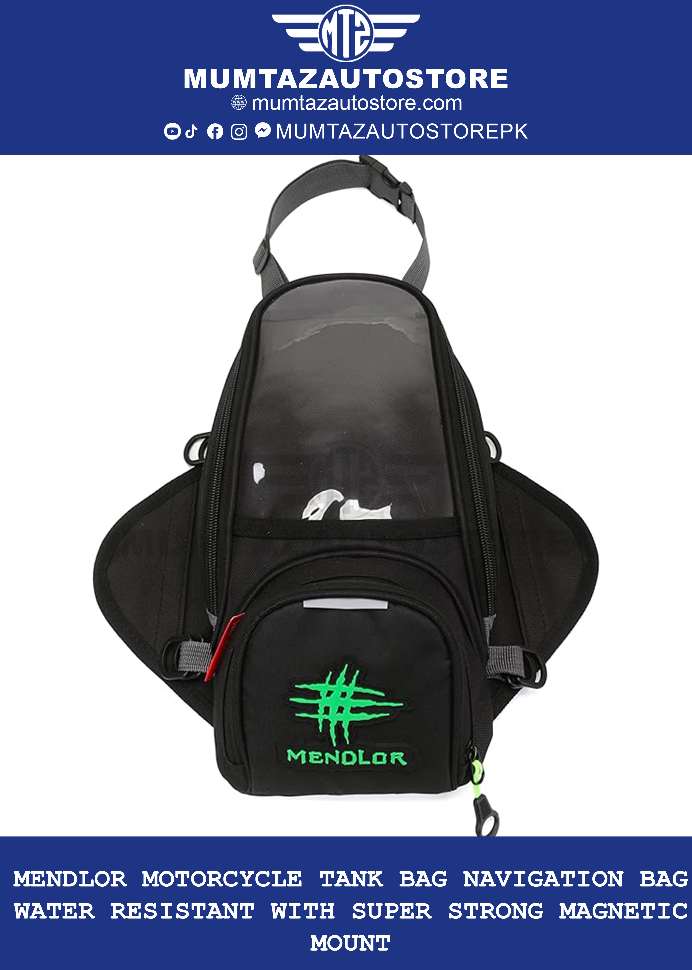 MENDLOR Motorcycle Tank Bag Navigation Bag Water Resistant with Super Strong Magnetic Mount Black Big 14.1"L x 7.48"W x 3.15"H 4L