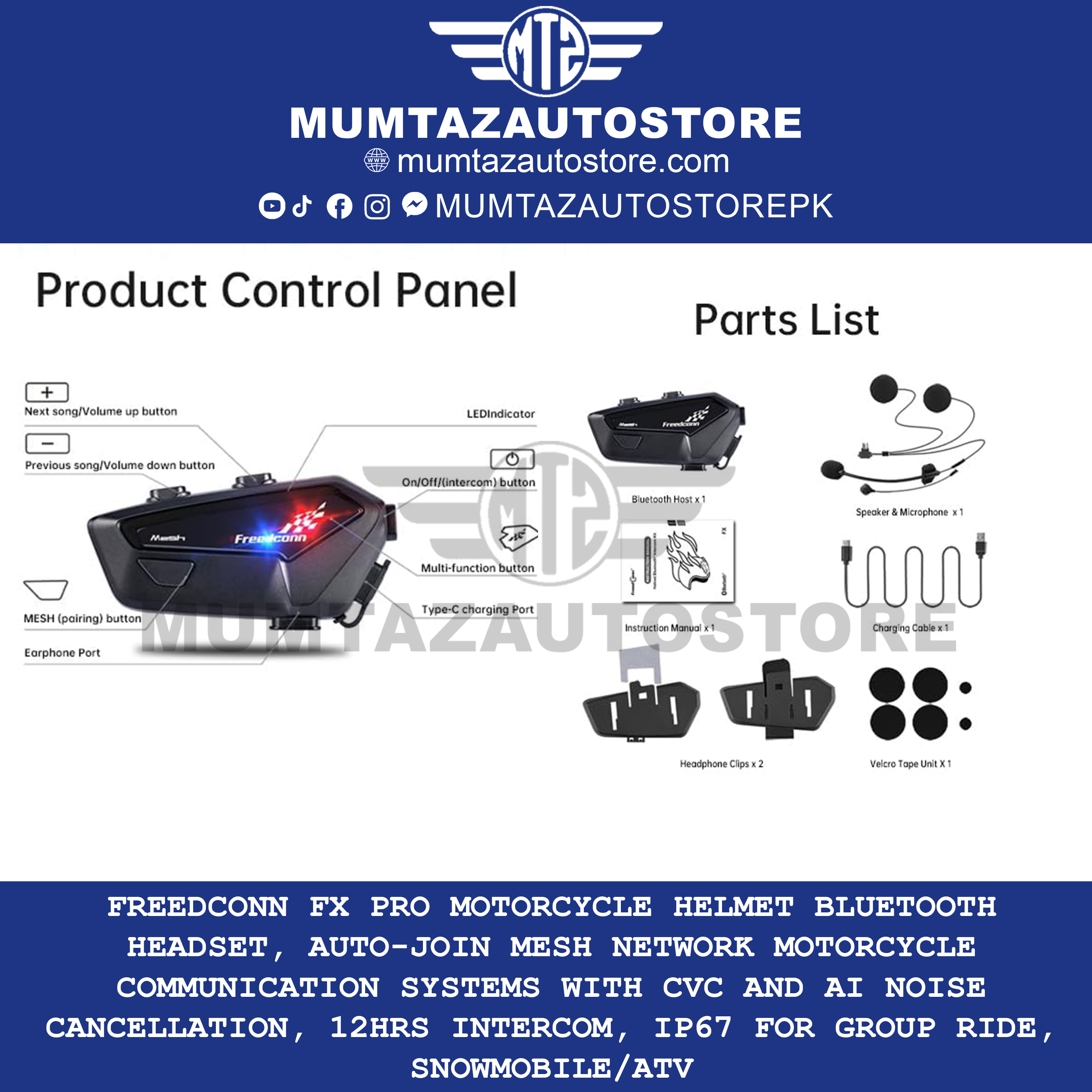 FreedConn FX PRO Motorcycle Helmet Bluetooth Headset, Auto-Join Mesh Network Motorcycle Communication Systems with CVC and AI Noise Cancellation, 12Hrs Intercom, IP67 for Group Ride, Snowmobile/ATV